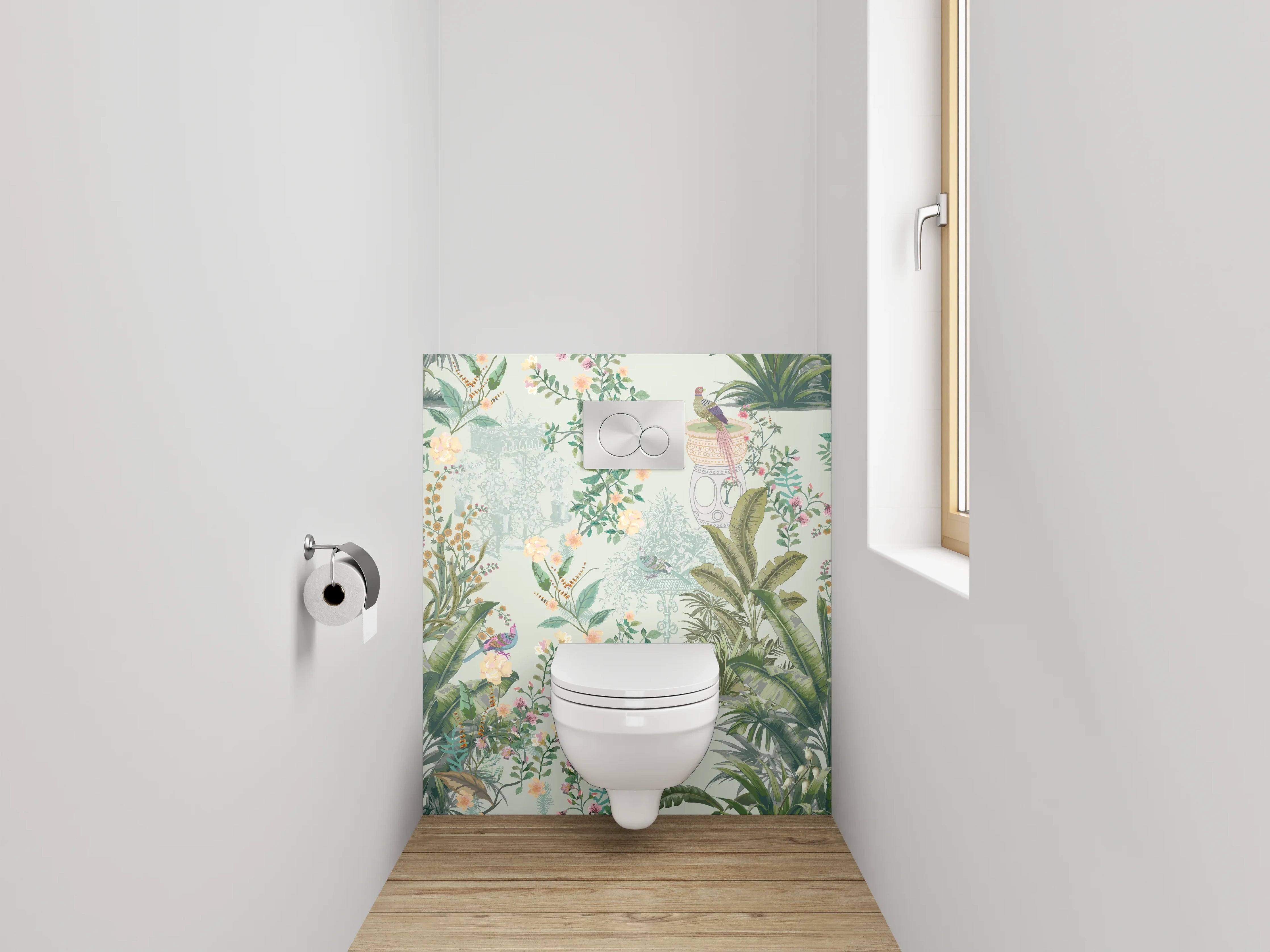 WC-Rückwand - Botanisches Aquarell Vögel Tapete