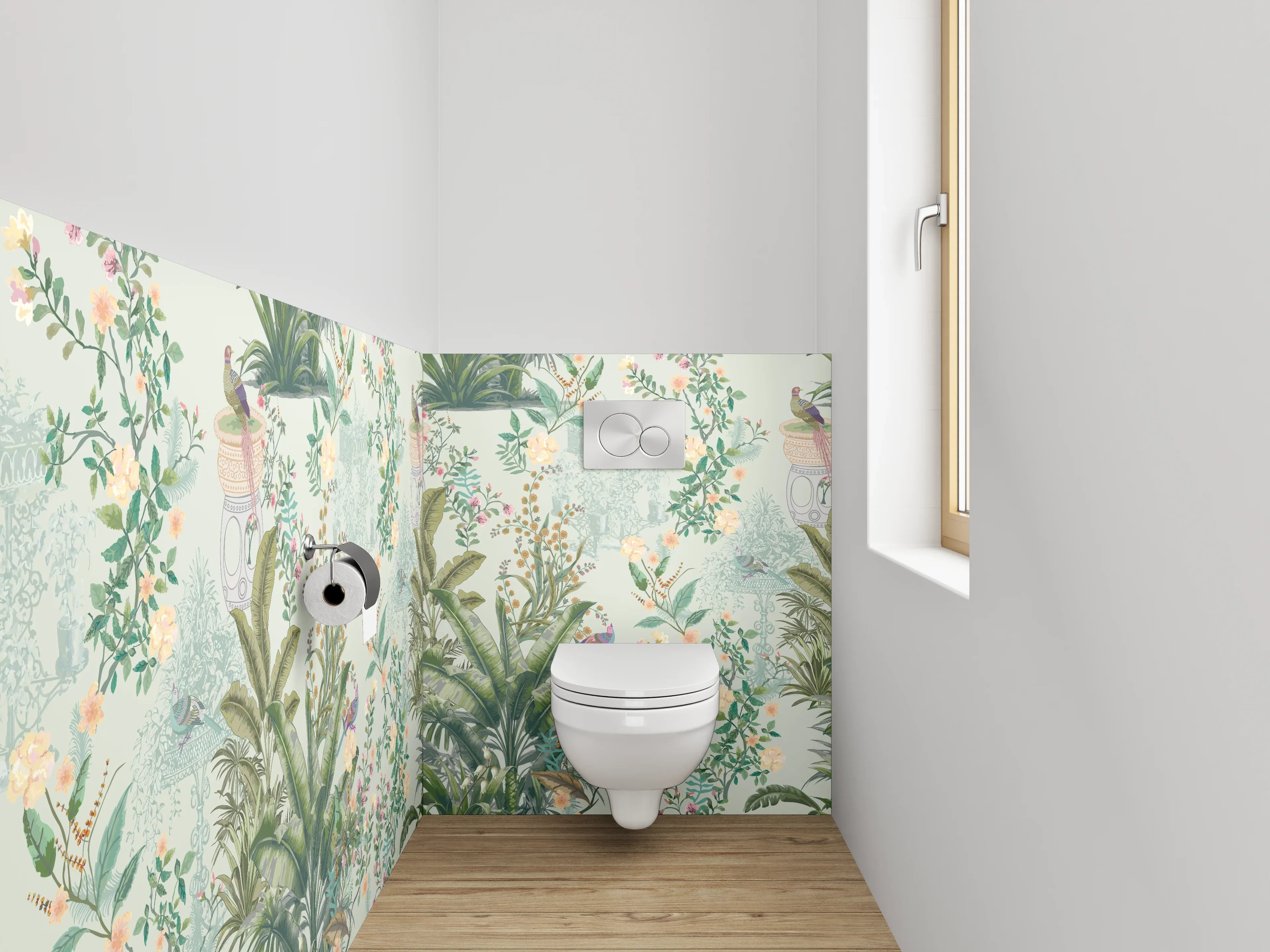 WC-Rückwand - Botanisches Aquarell Vögel Tapete