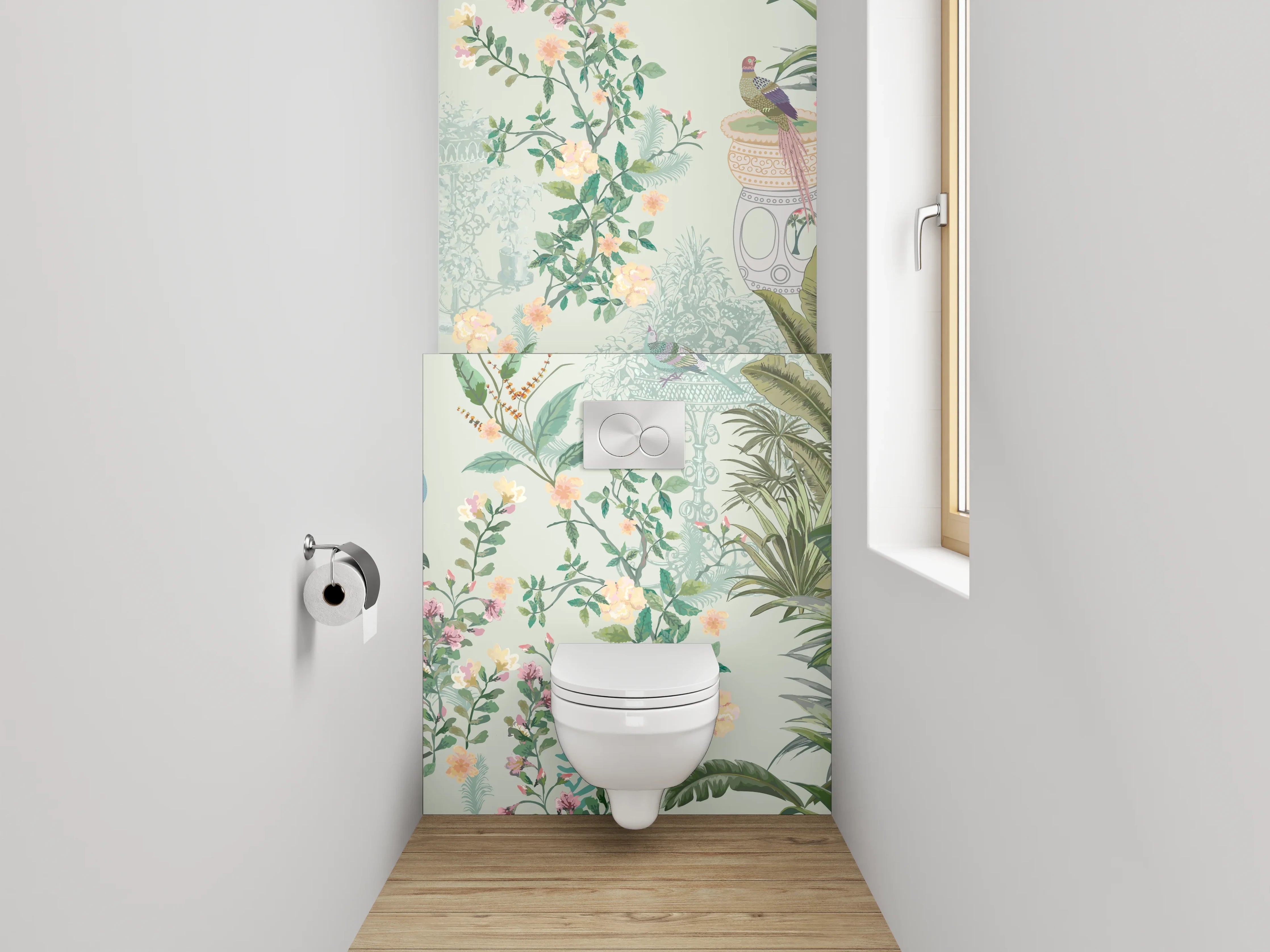 WC-Rückwand - Botanisches Aquarell Vögel Tapete