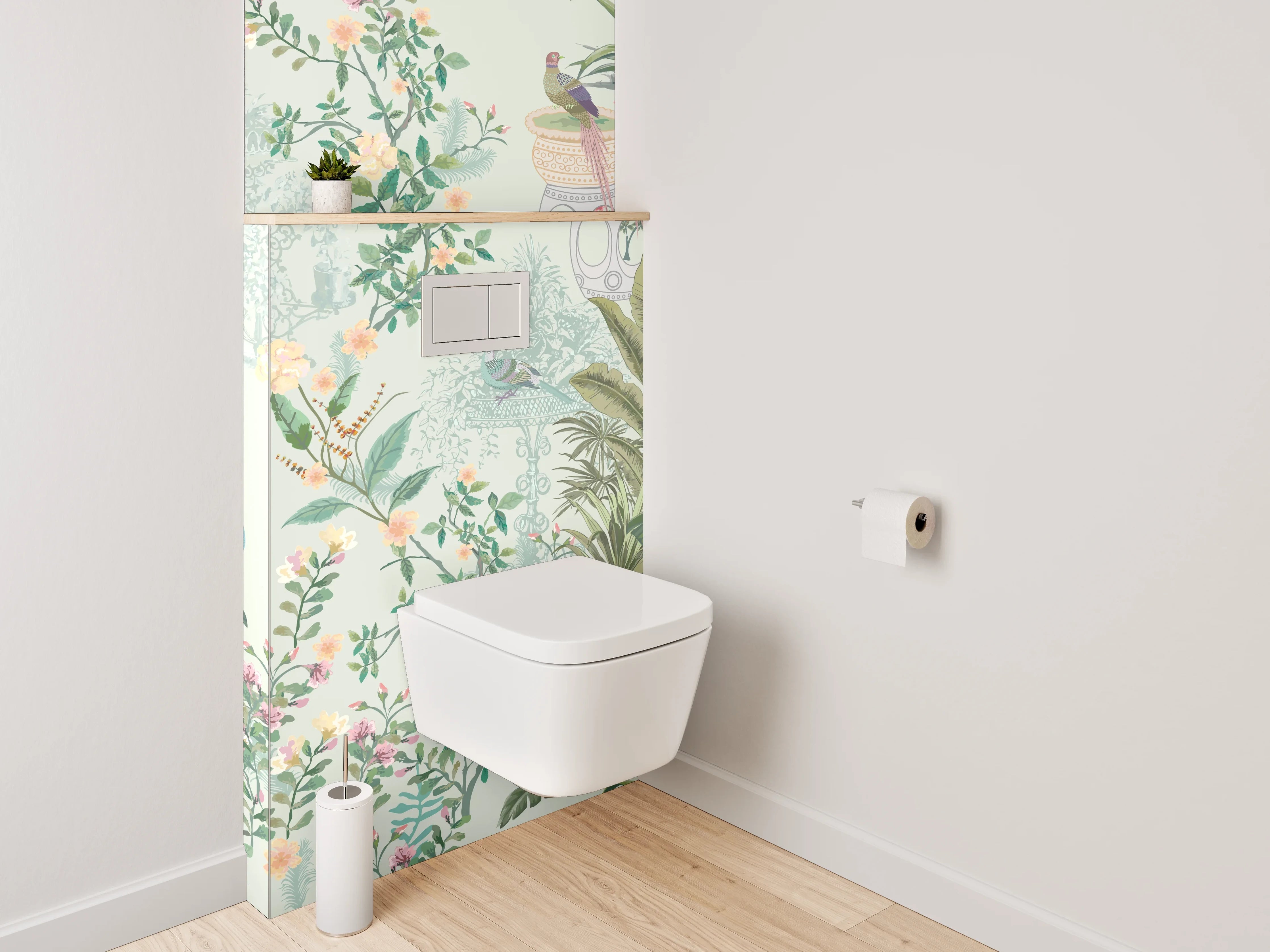 WC-Rückwand - Botanisches Aquarell Vögel Tapete