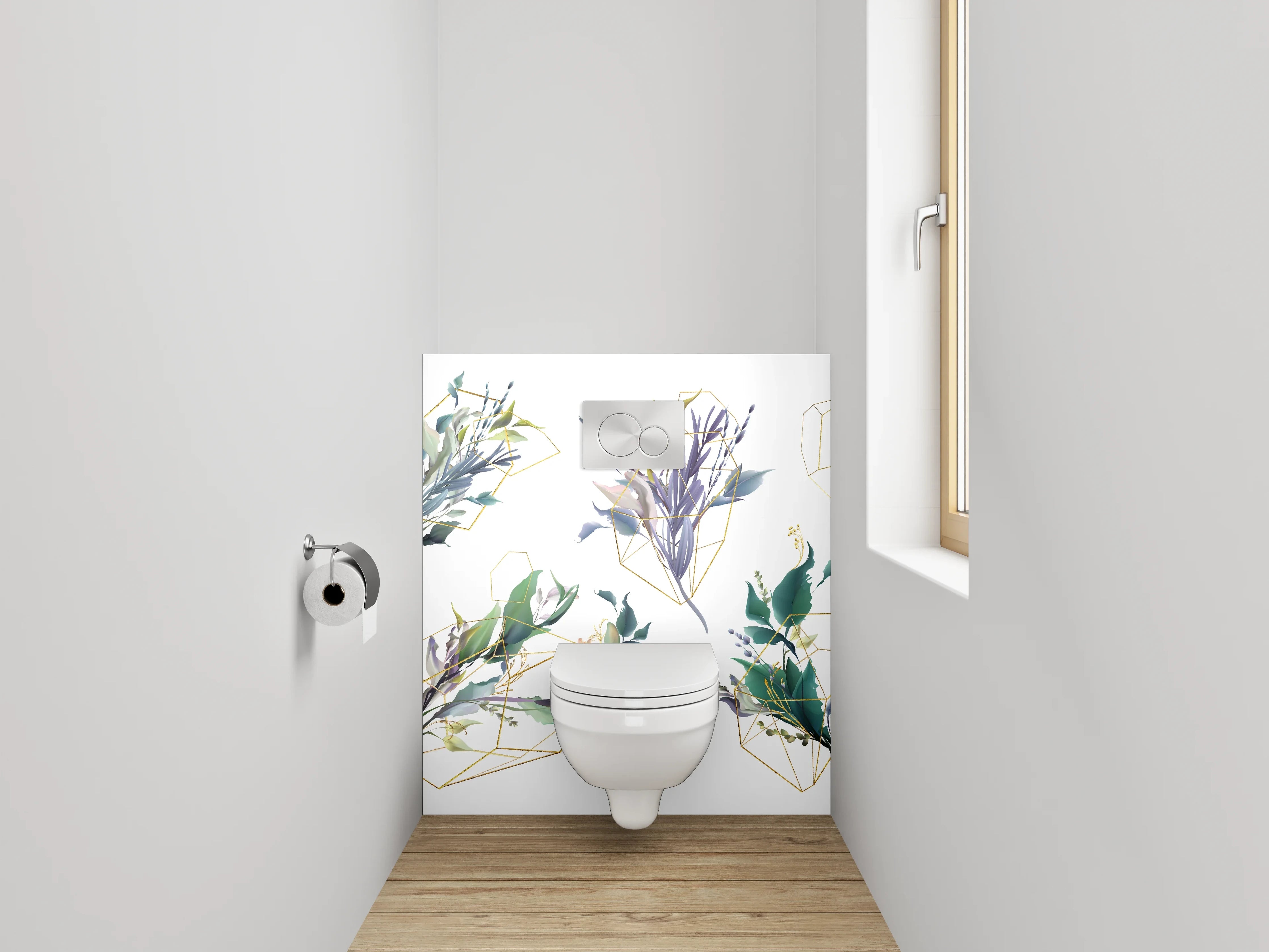 WC-Rückwand - Botanisches Aquarell mit Goldlinien