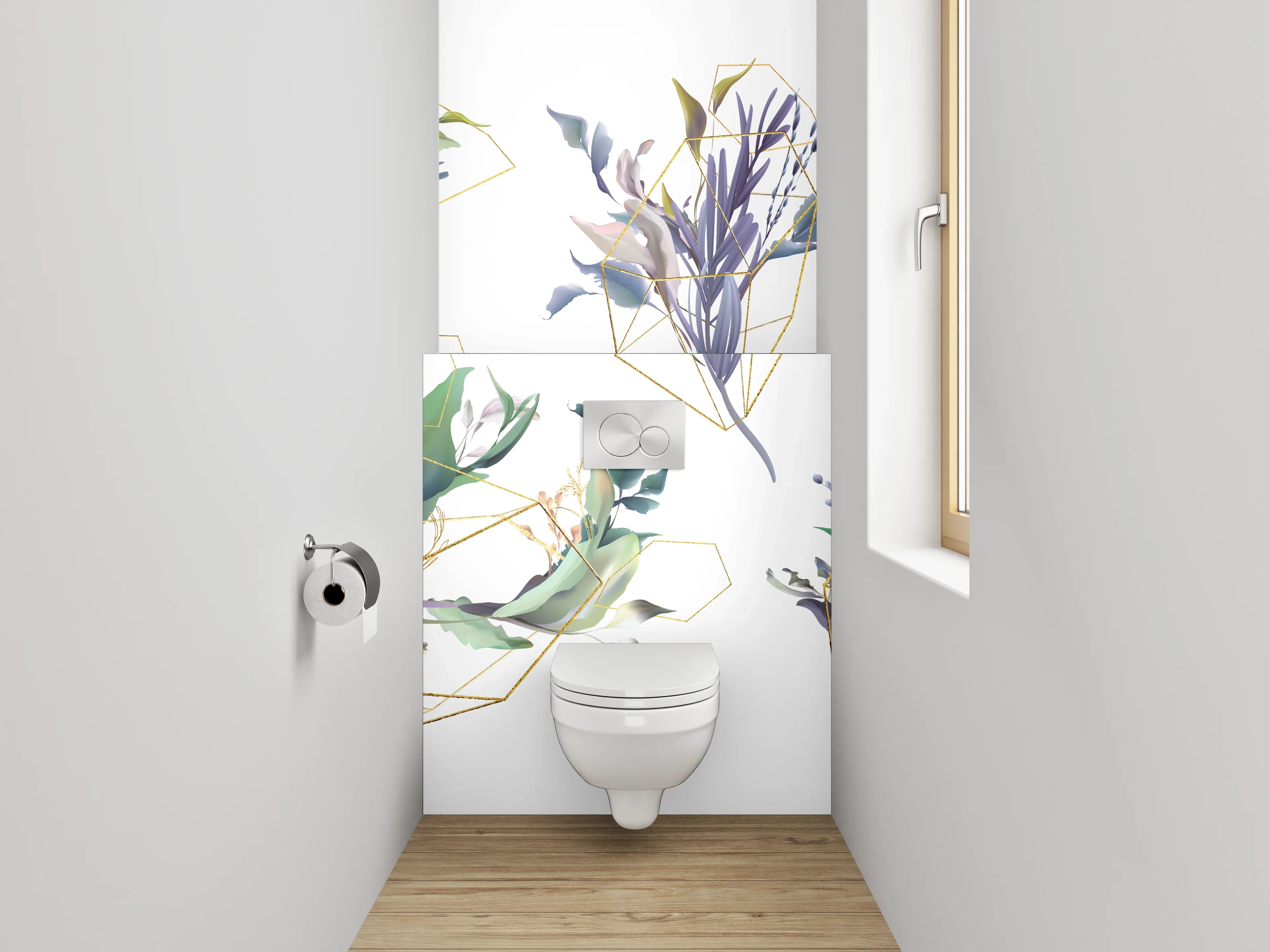 WC-Rückwand - Botanisches Aquarell mit Goldlinien
