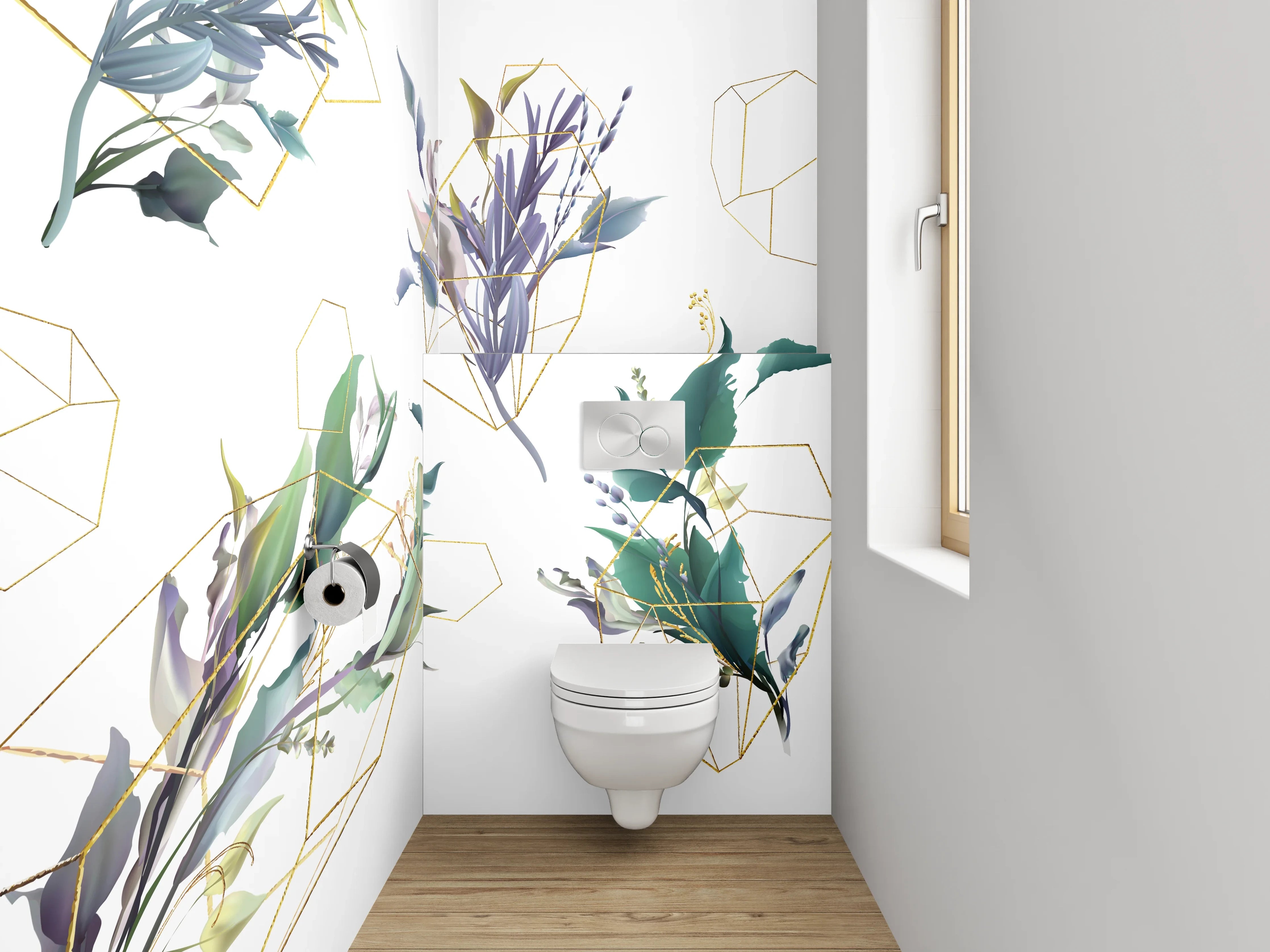 WC-Rückwand - Botanisches Aquarell mit Goldlinien