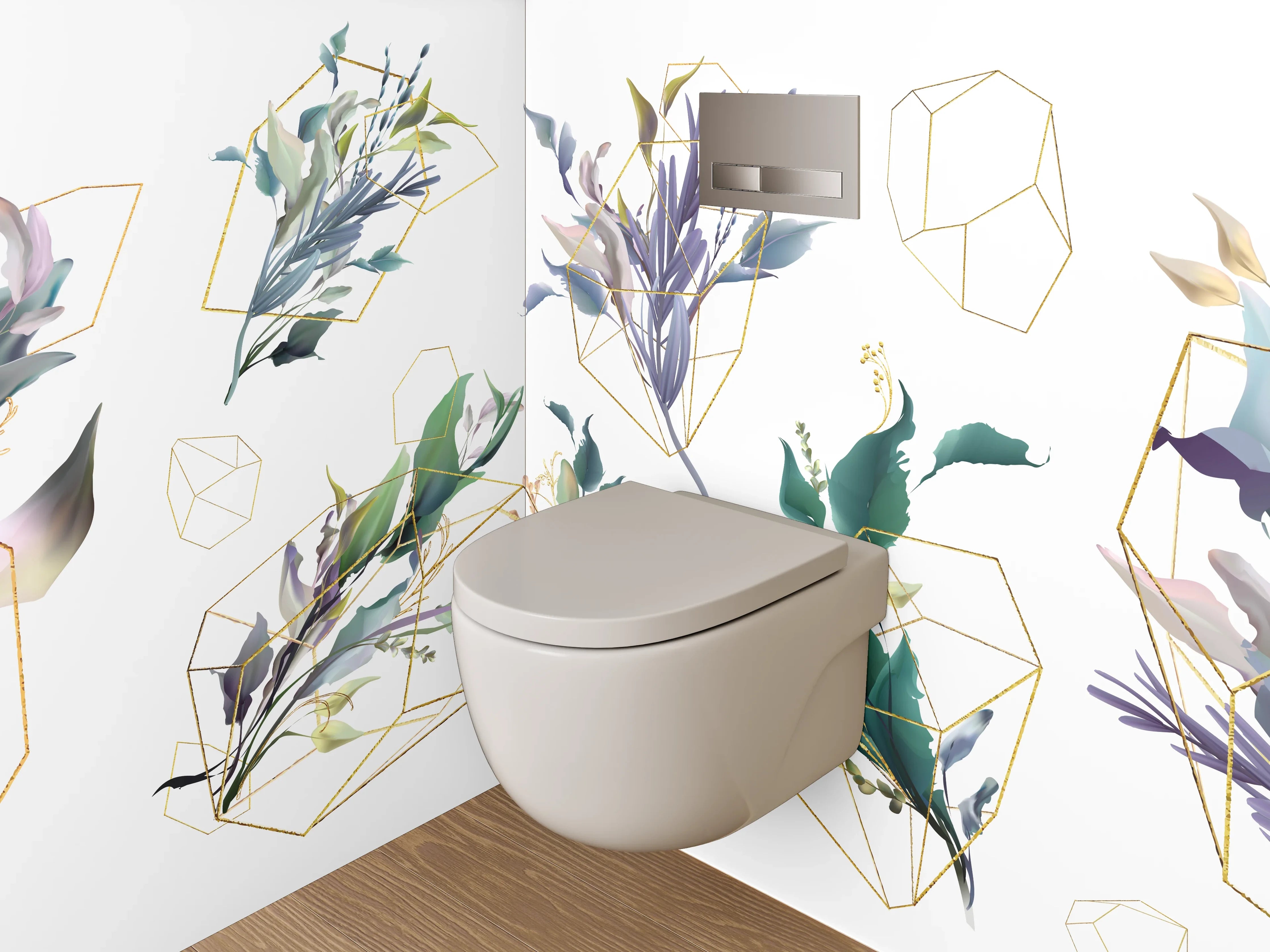 WC-Rückwand - Botanisches Aquarell mit Goldlinien