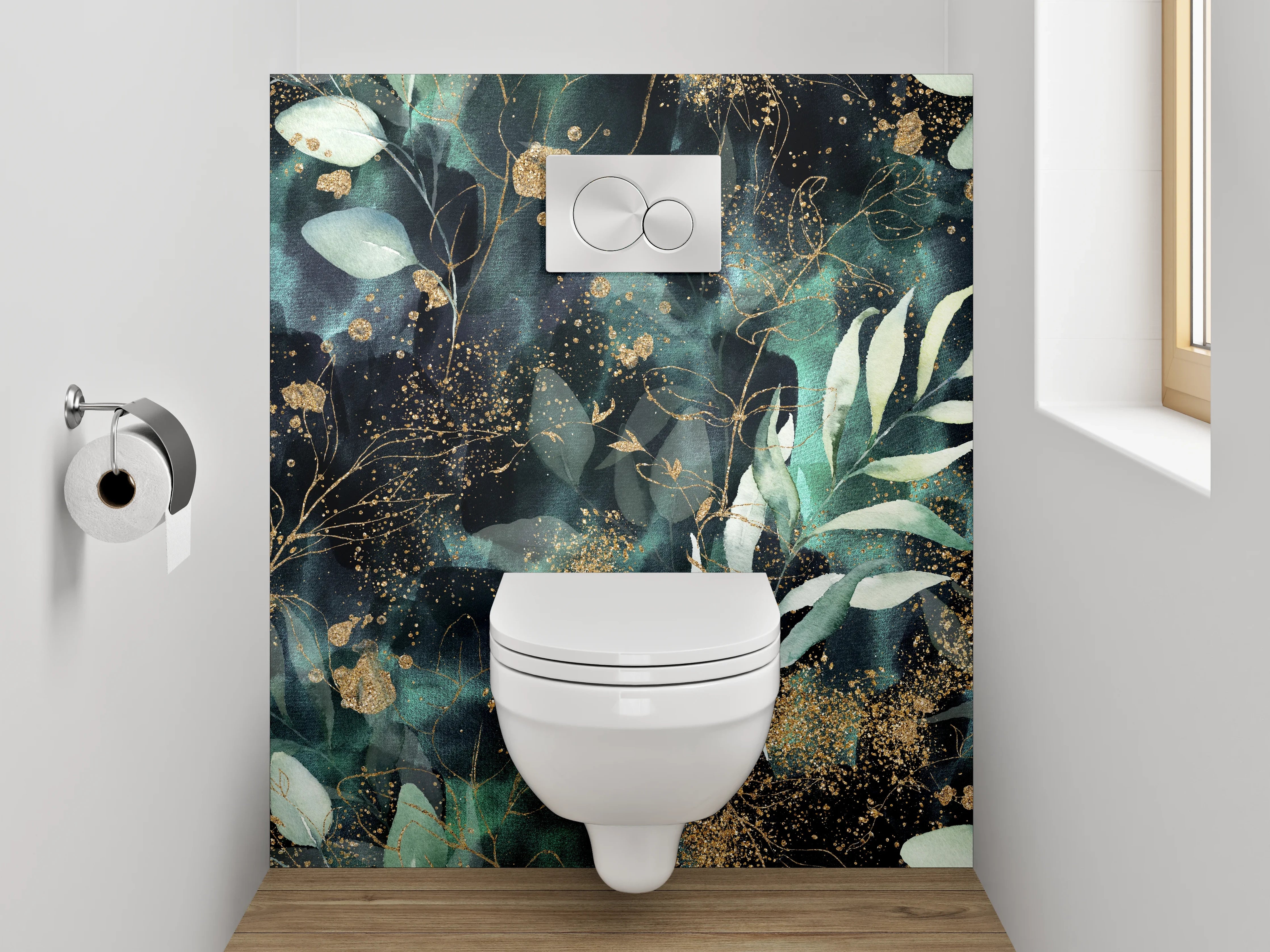 WC-Rückwand - Botanisches Aquarell mit Goldsprenkeln