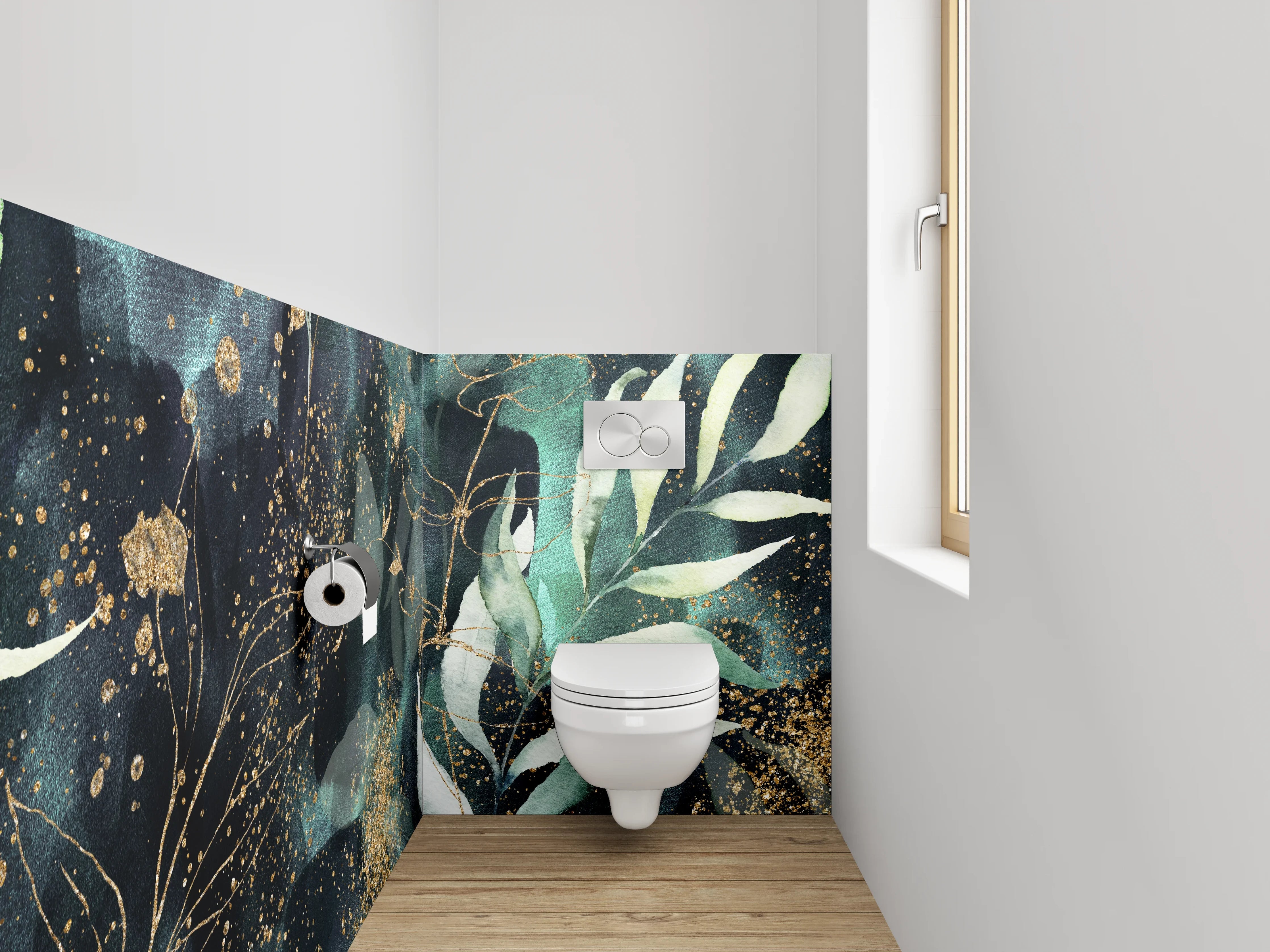 WC-Rückwand - Botanisches Aquarell mit Goldsprenkeln