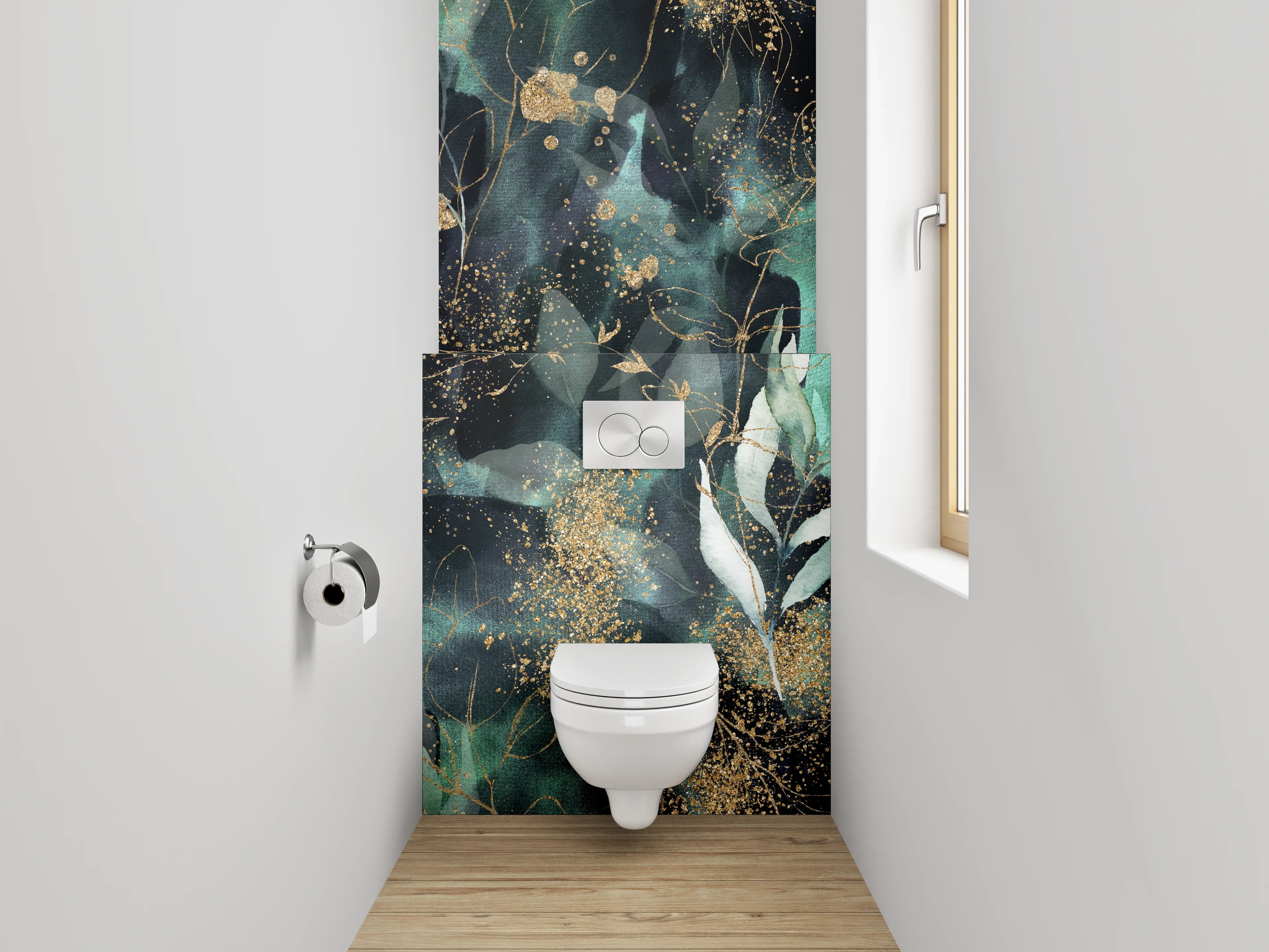 WC-Rückwand - Botanisches Aquarell mit Goldsprenkeln
