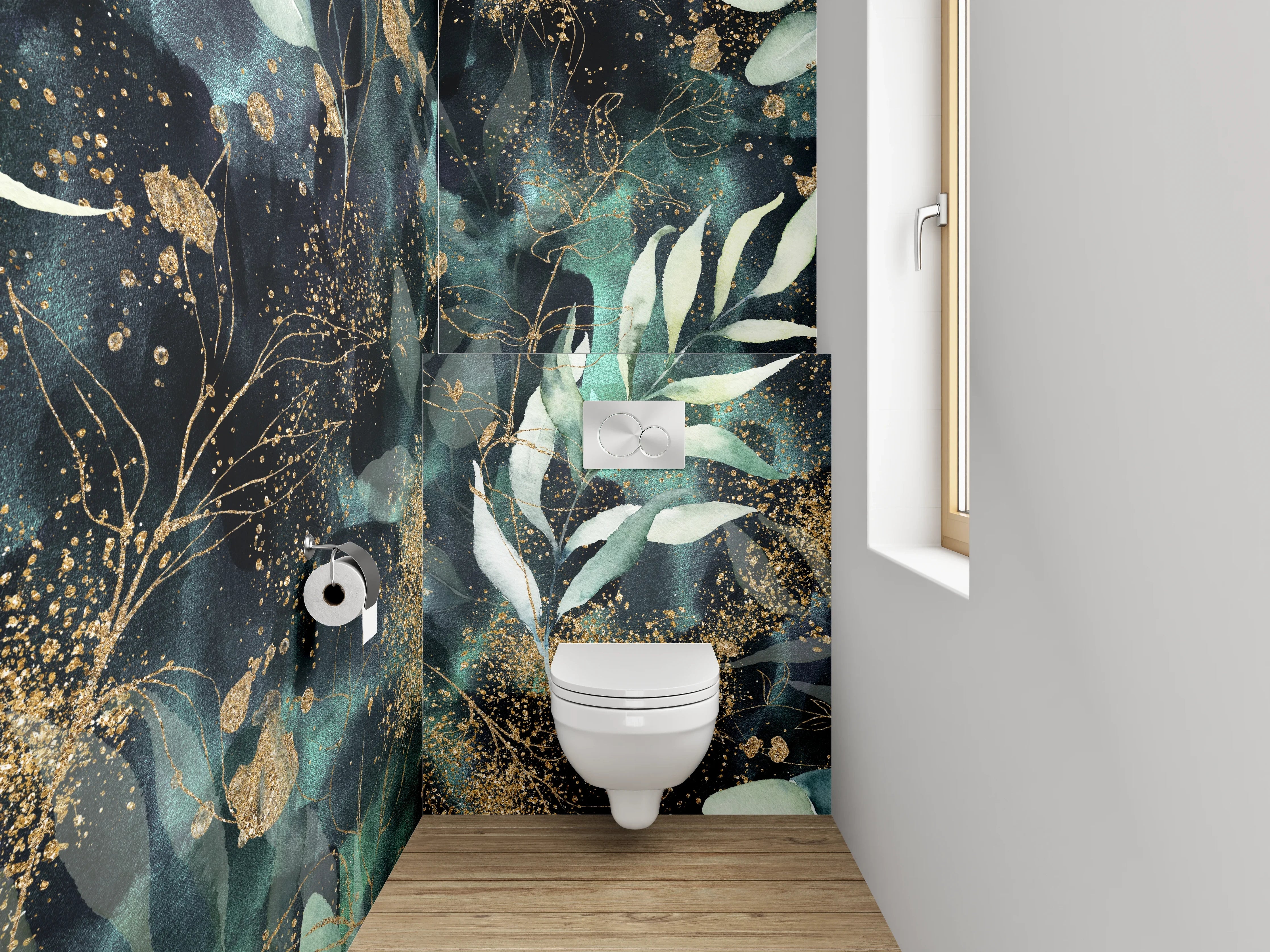 WC-Rückwand - Botanisches Aquarell mit Goldsprenkeln