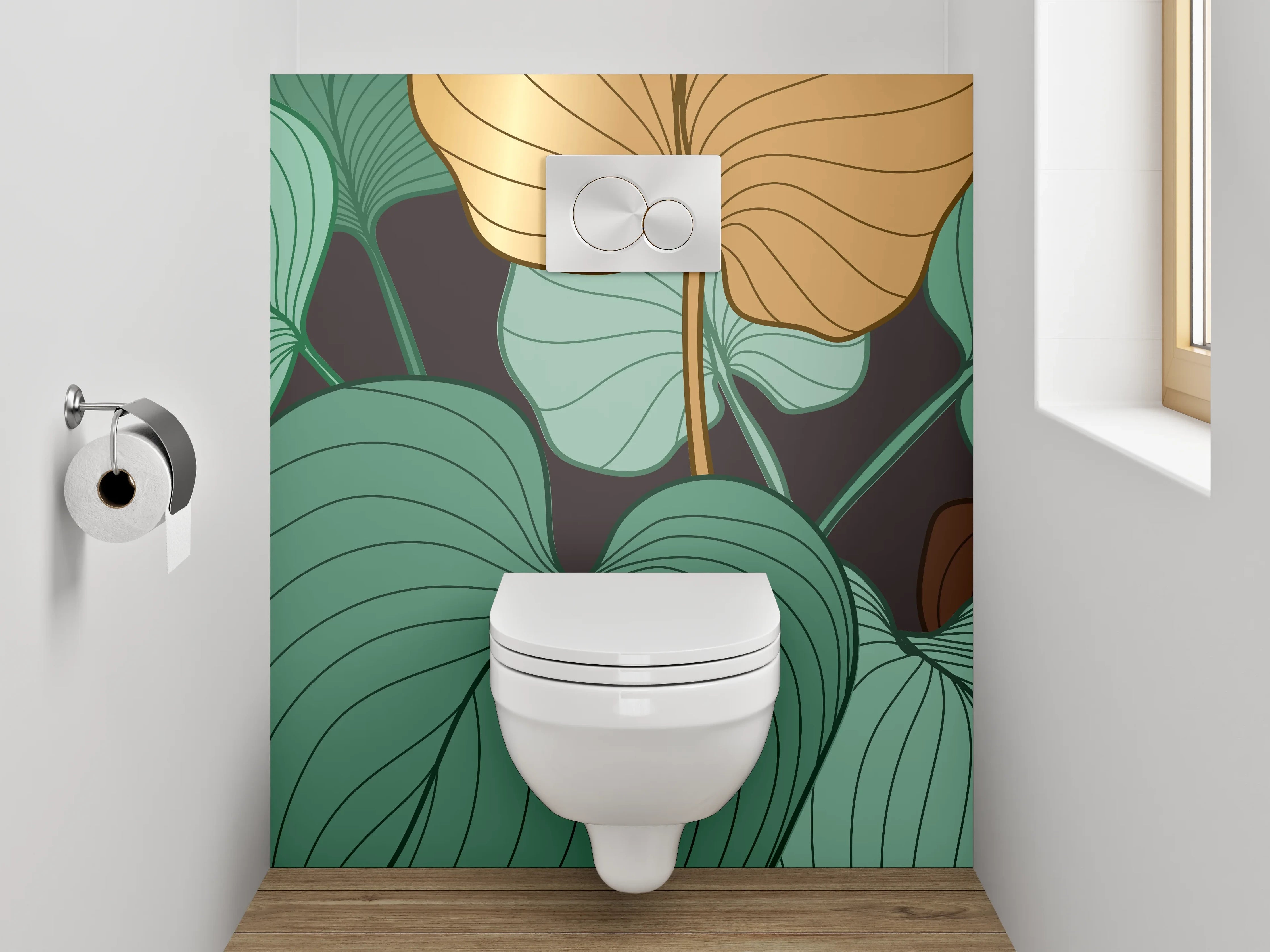 WC-Rückwand - Botanisches Art-Déco-Blatt-Design grün braun