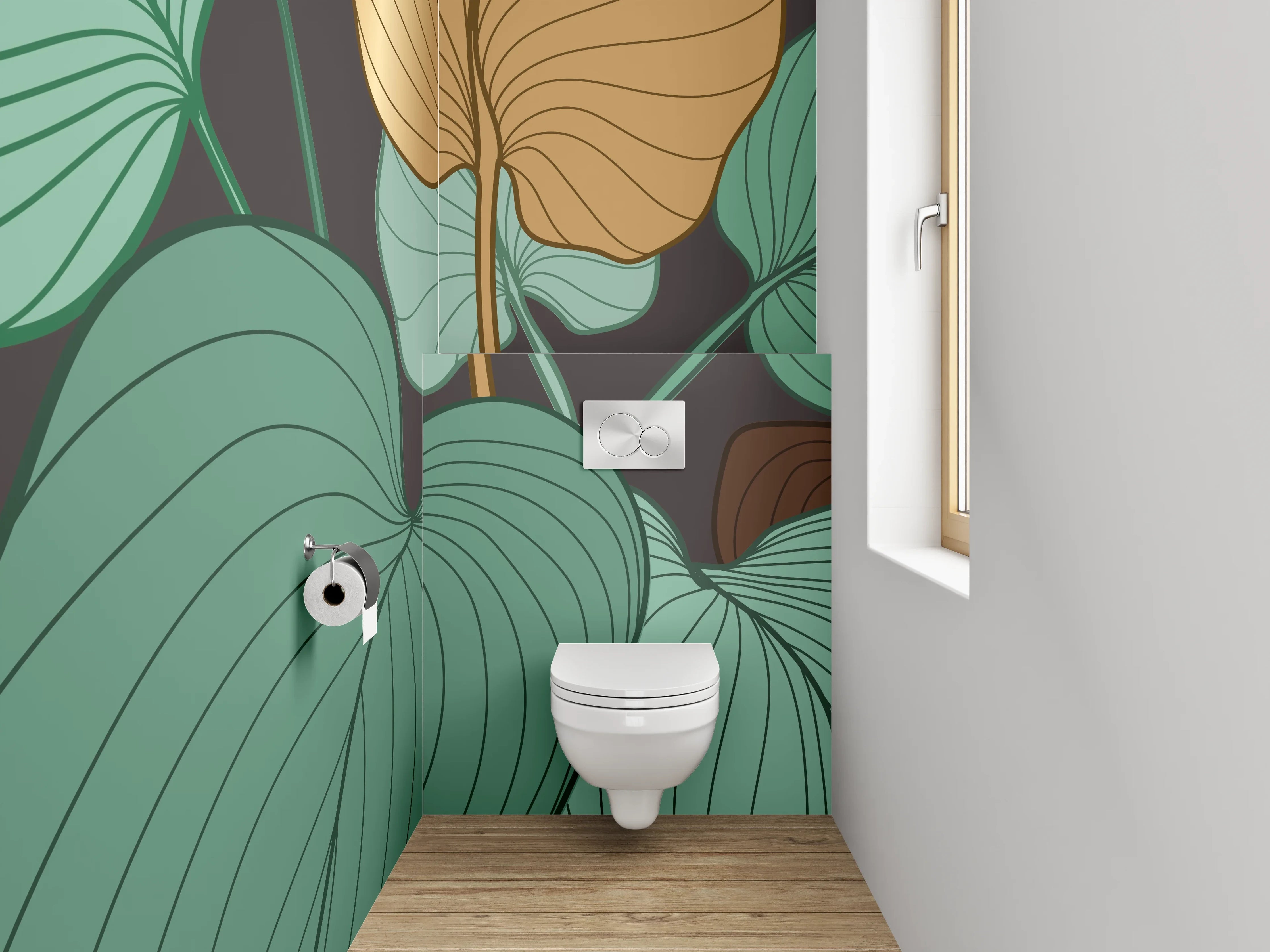 WC-Rückwand - Botanisches Art-Déco-Blatt-Design grün braun