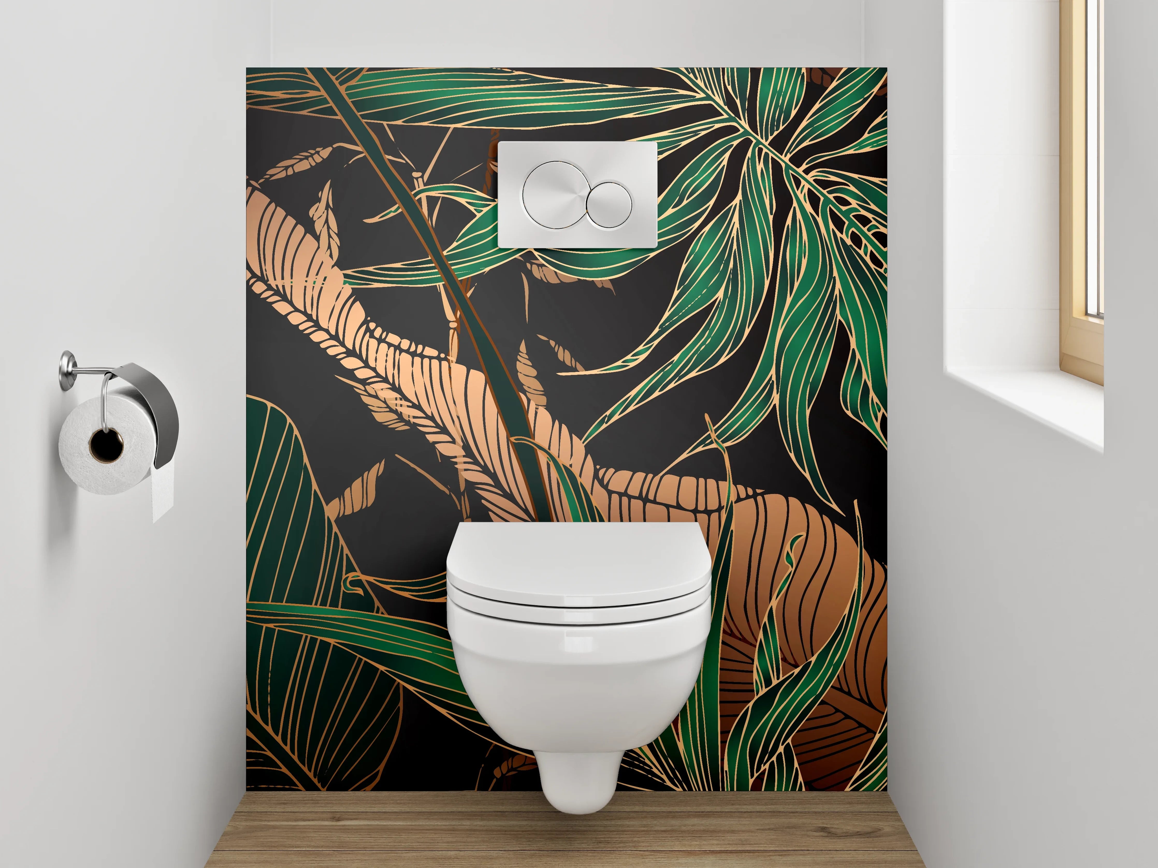 WC-Rückwand - Botanisches Dschungelmotiv mit Goldakzenten