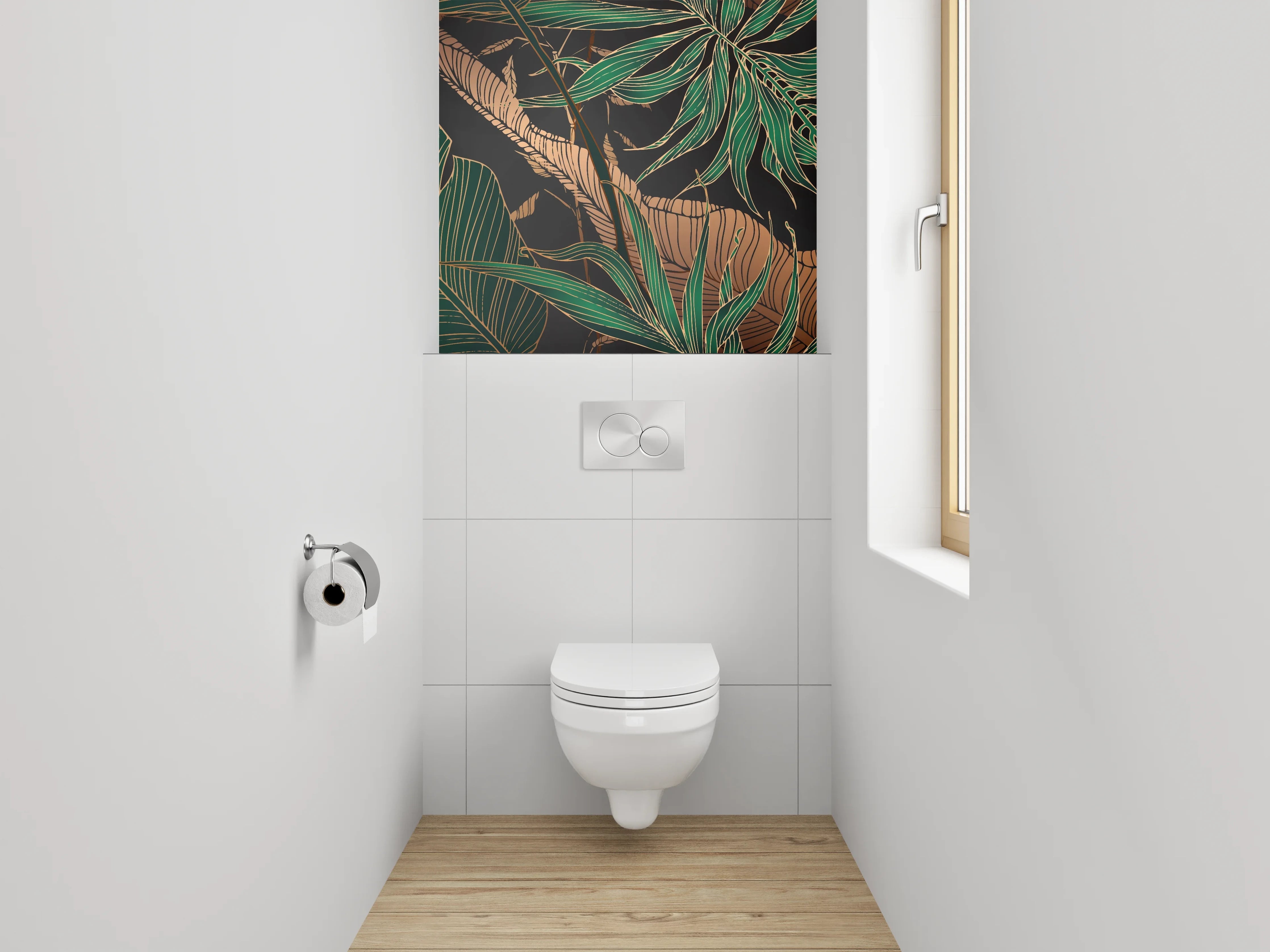 WC-Rückwand - Botanisches Dschungelmotiv mit Goldakzenten