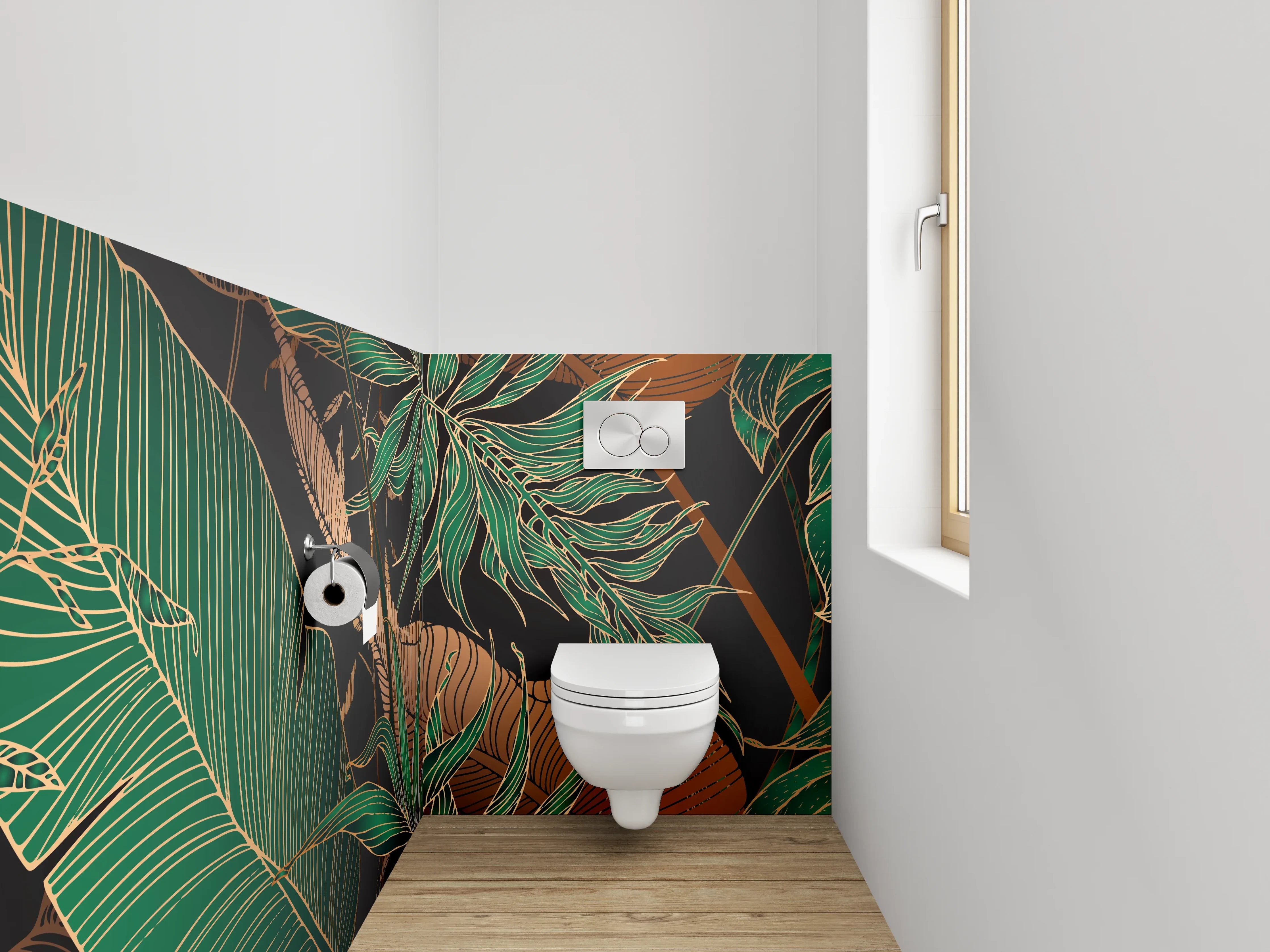 WC-Rückwand - Botanisches Dschungelmotiv mit Goldakzenten