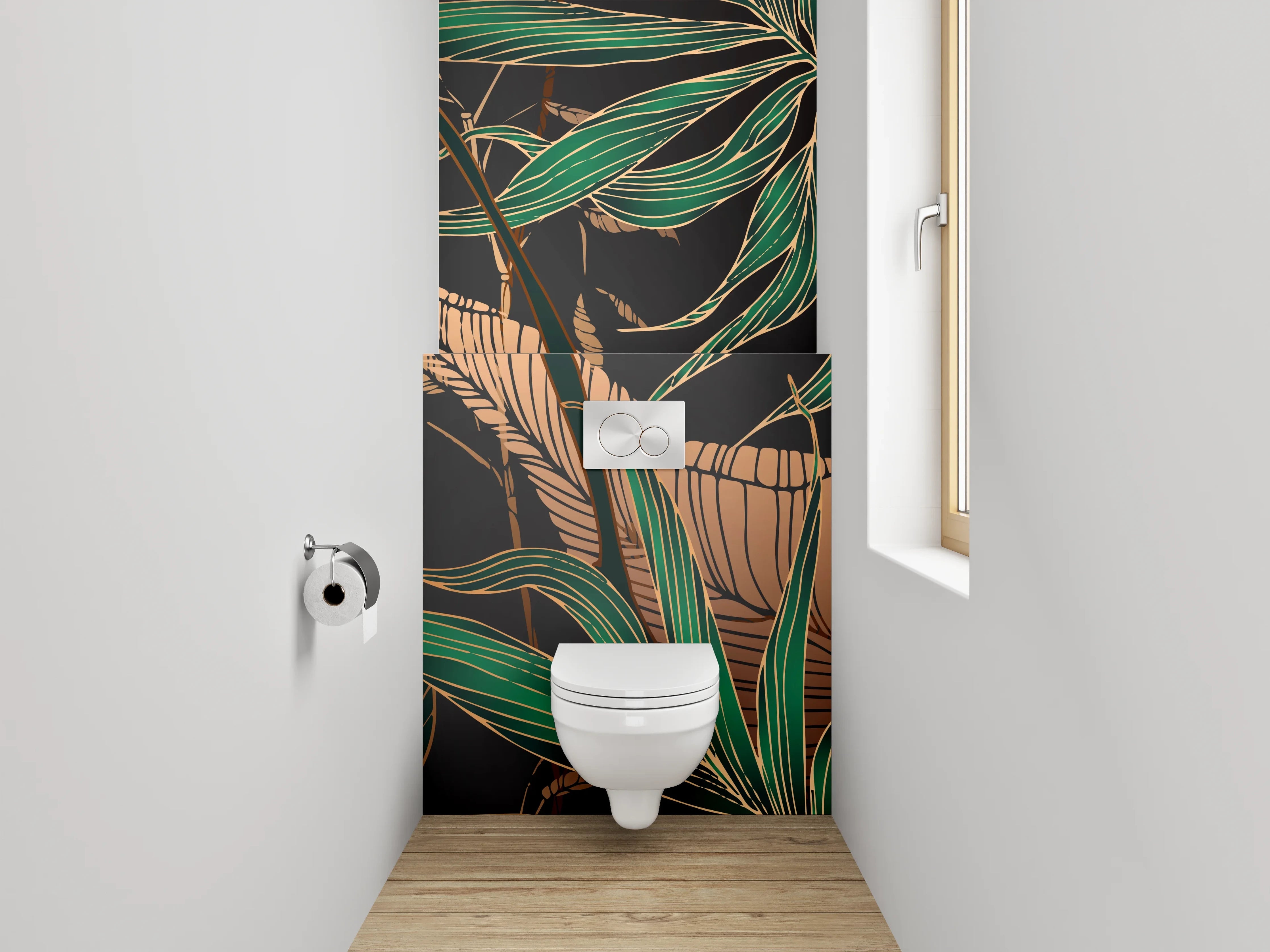 WC-Rückwand - Botanisches Dschungelmotiv mit Goldakzenten