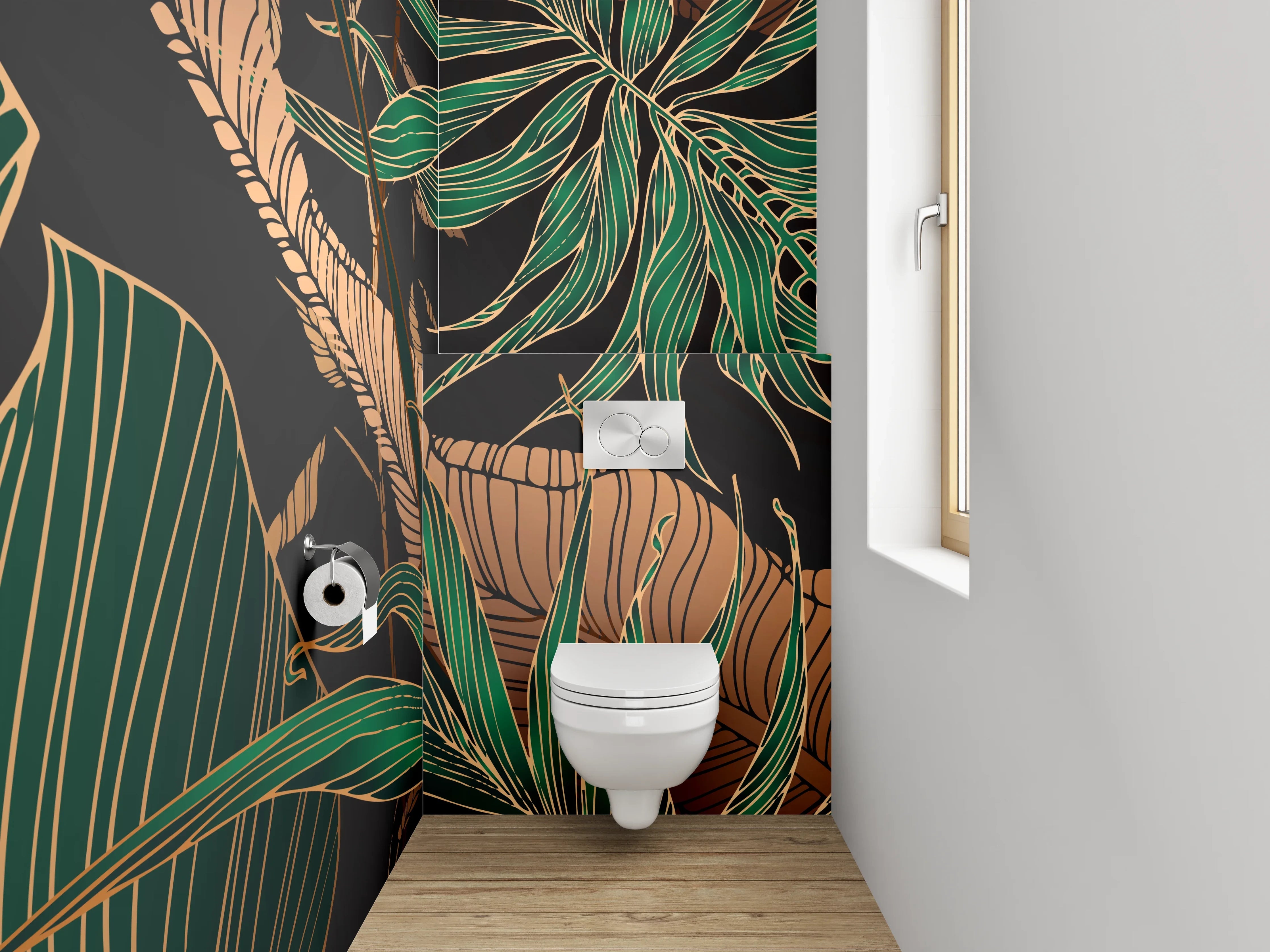 WC-Rückwand - Botanisches Dschungelmotiv mit Goldakzenten