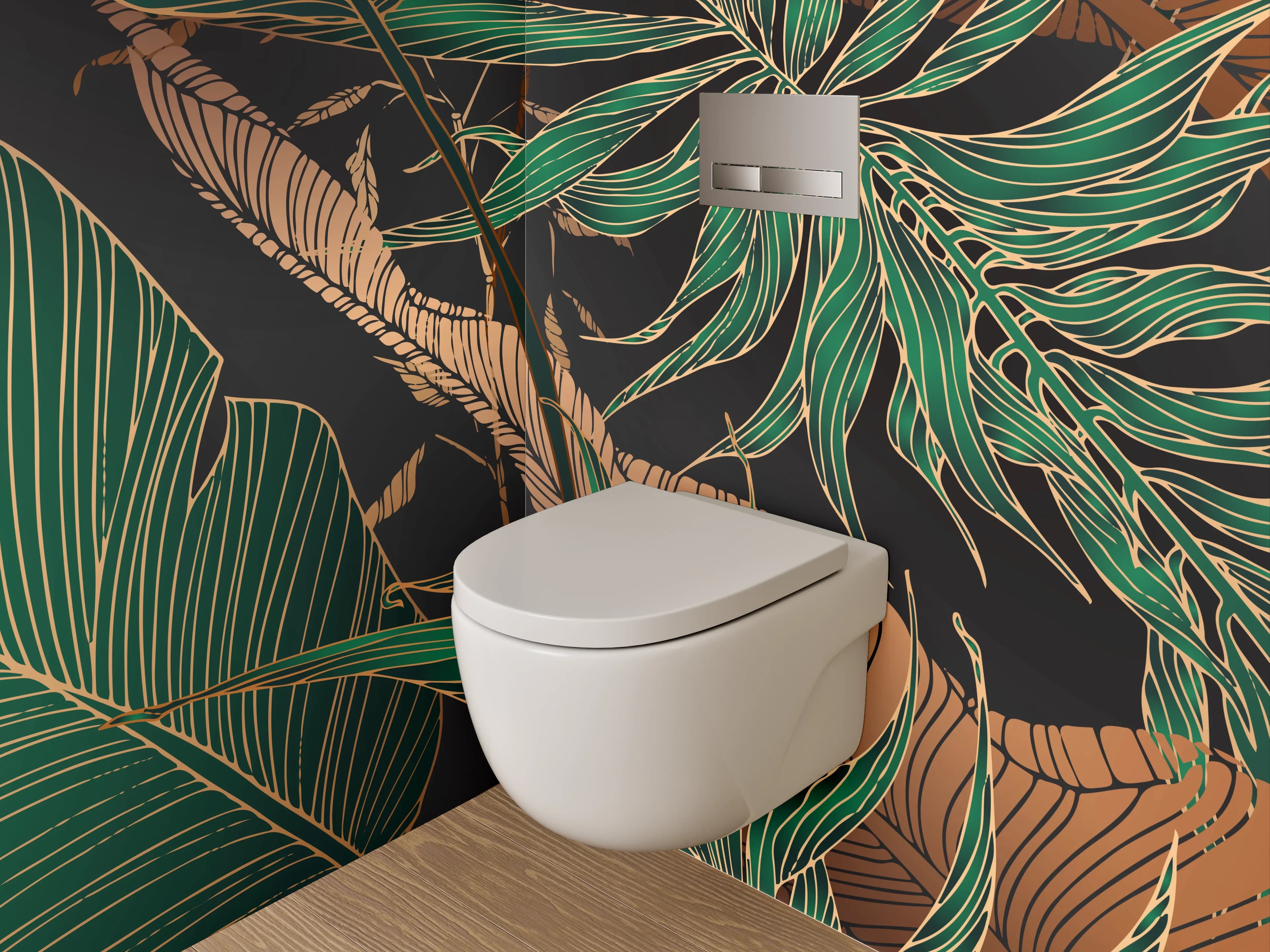 WC-Rückwand - Botanisches Dschungelmotiv mit Goldakzenten