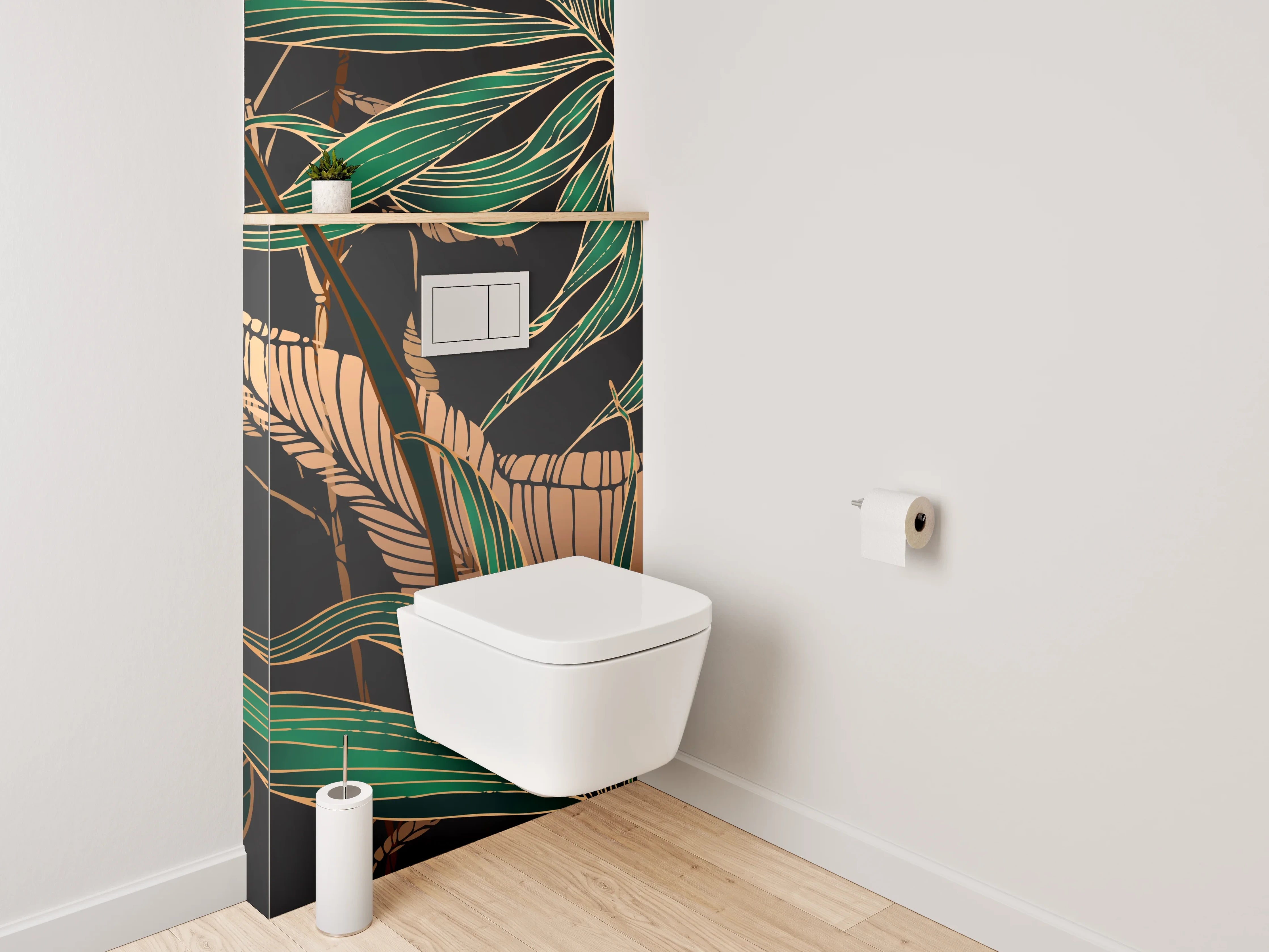 WC-Rückwand - Botanisches Dschungelmotiv mit Goldakzenten