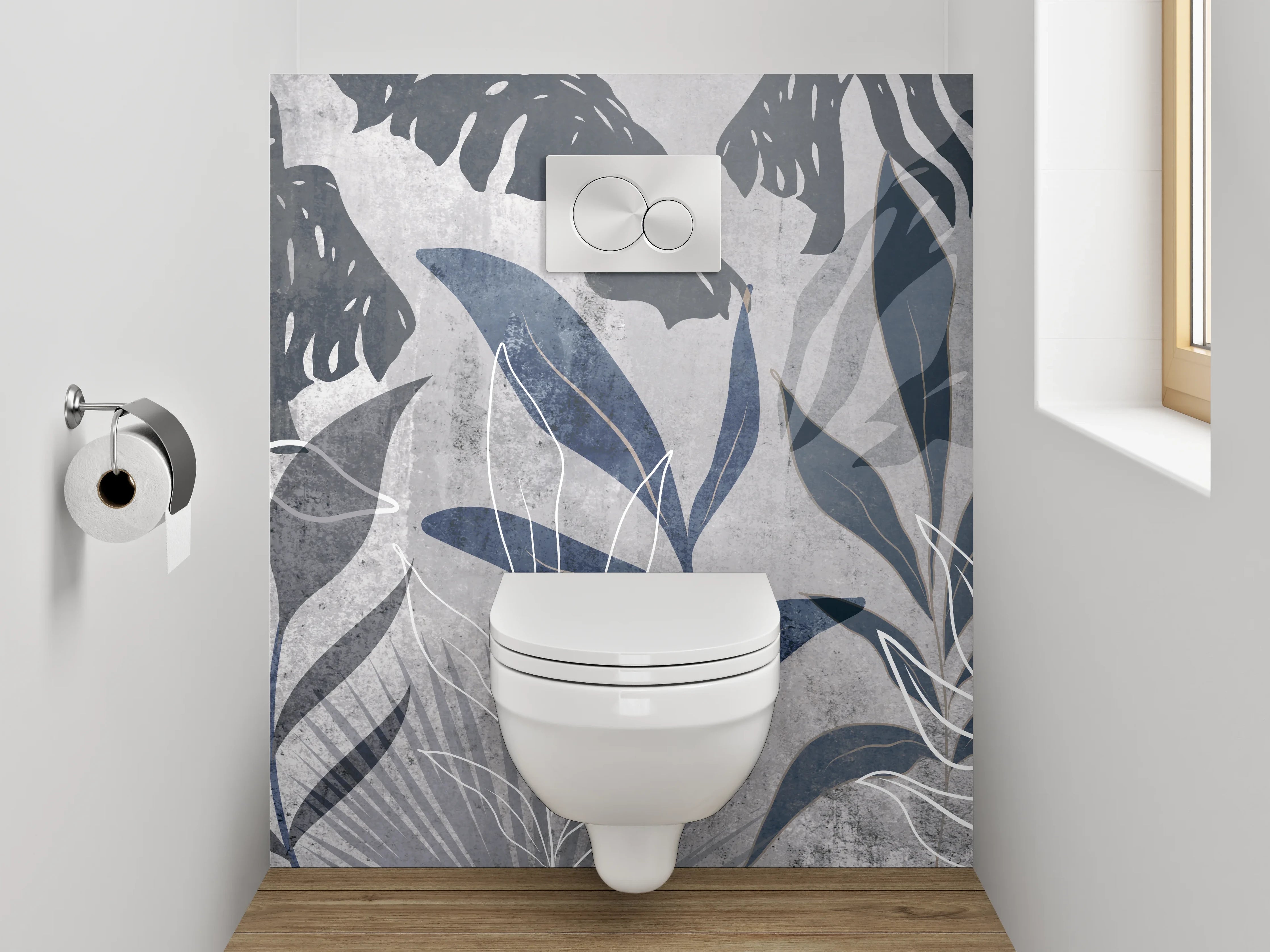 WC-Rückwand - Botanisches Grau Lineart Tapetenmotiv