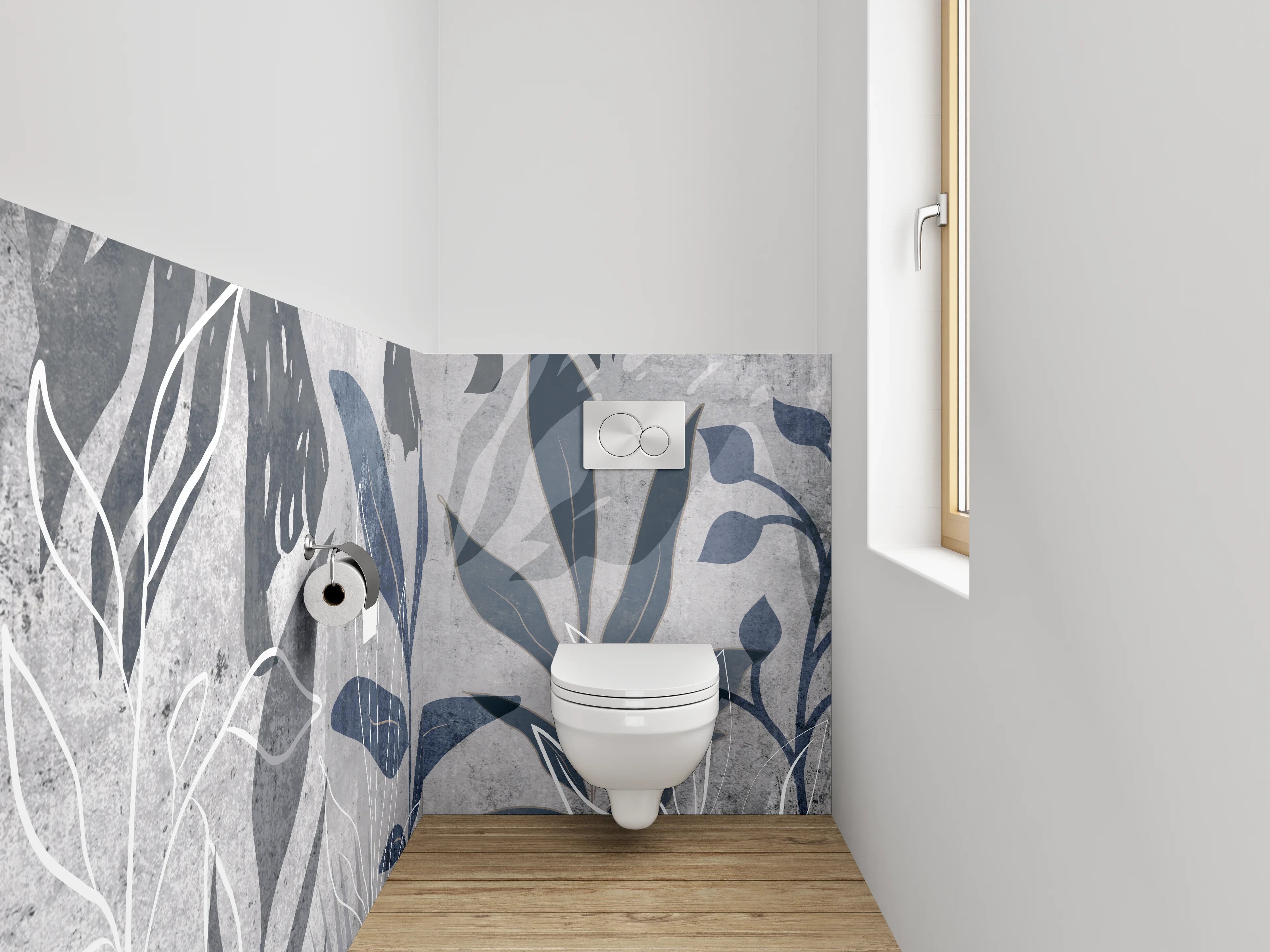 WC-Rückwand - Botanisches Grau Lineart Tapetenmotiv