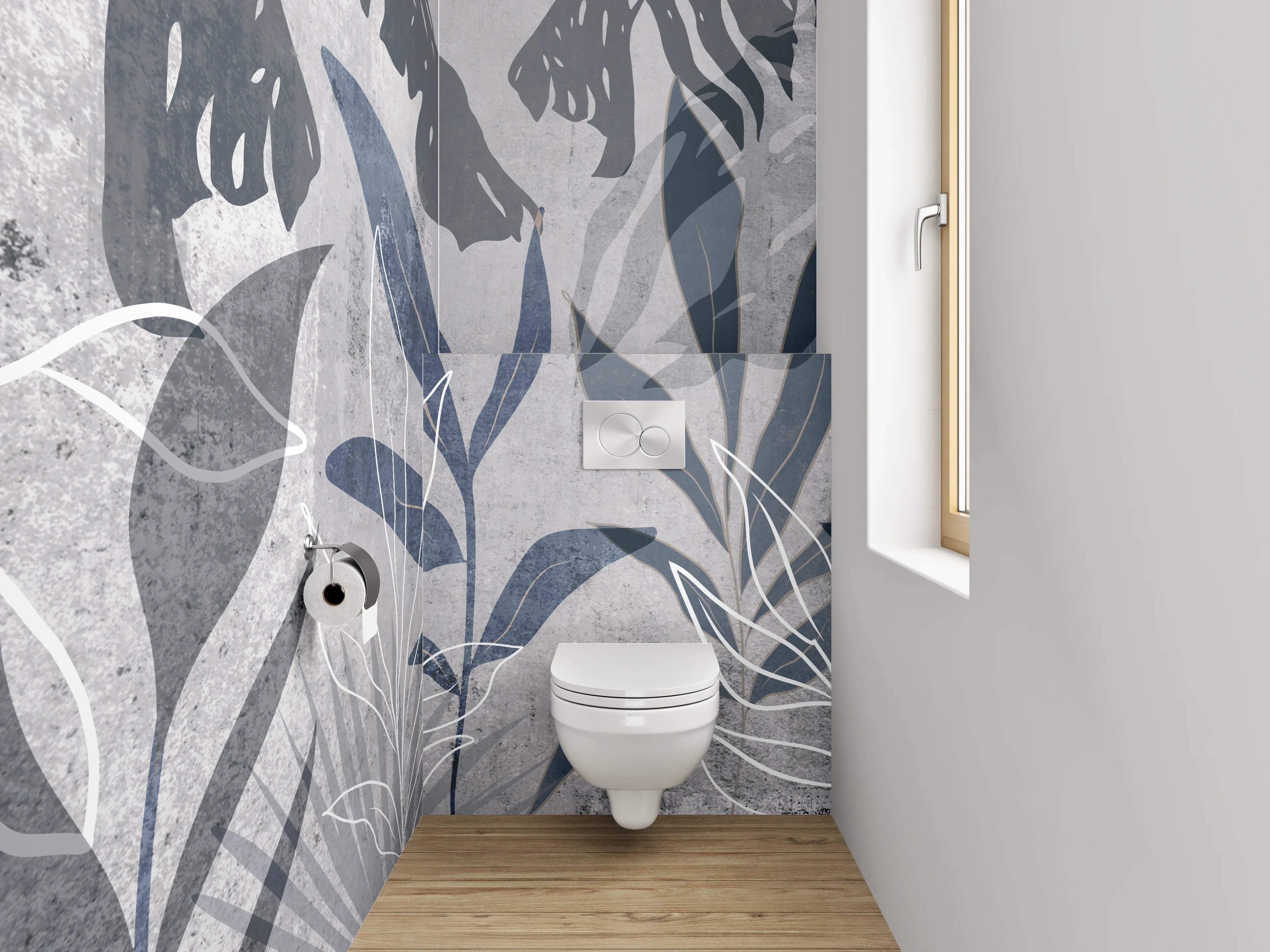WC-Rückwand - Botanisches Grau Lineart Tapetenmotiv