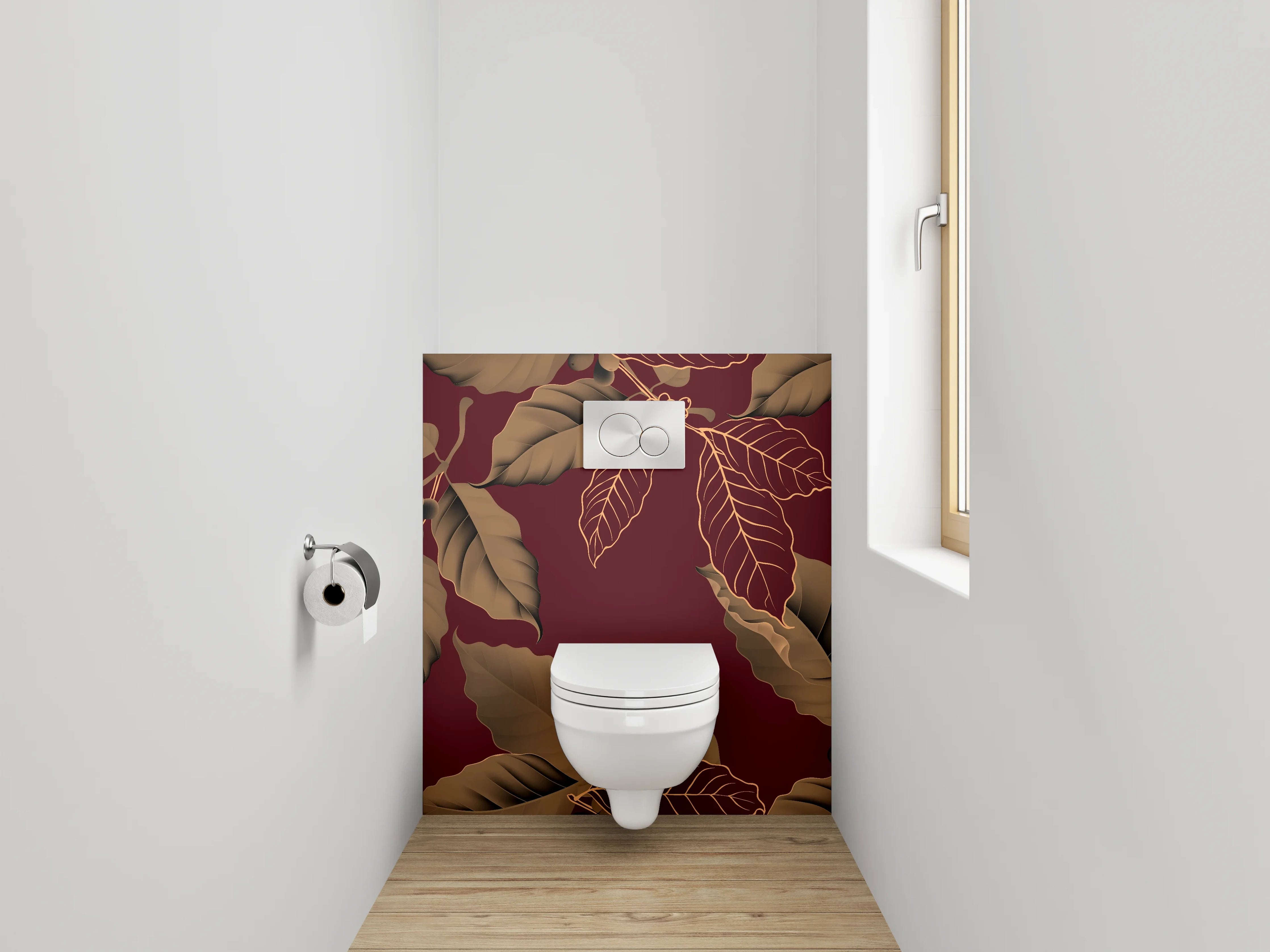 WC-Rückwand - Botanisches Line-Art-Blattmuster Braun Rot