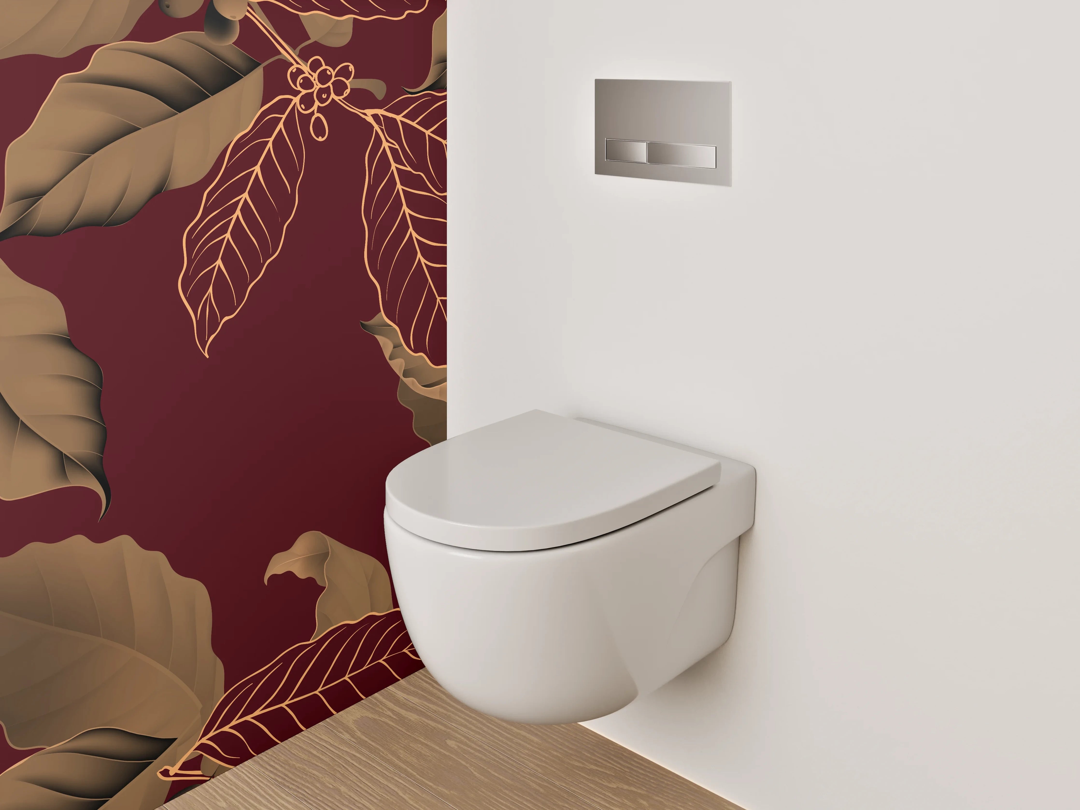 WC-Rückwand - Botanisches Line-Art-Blattmuster Braun Rot