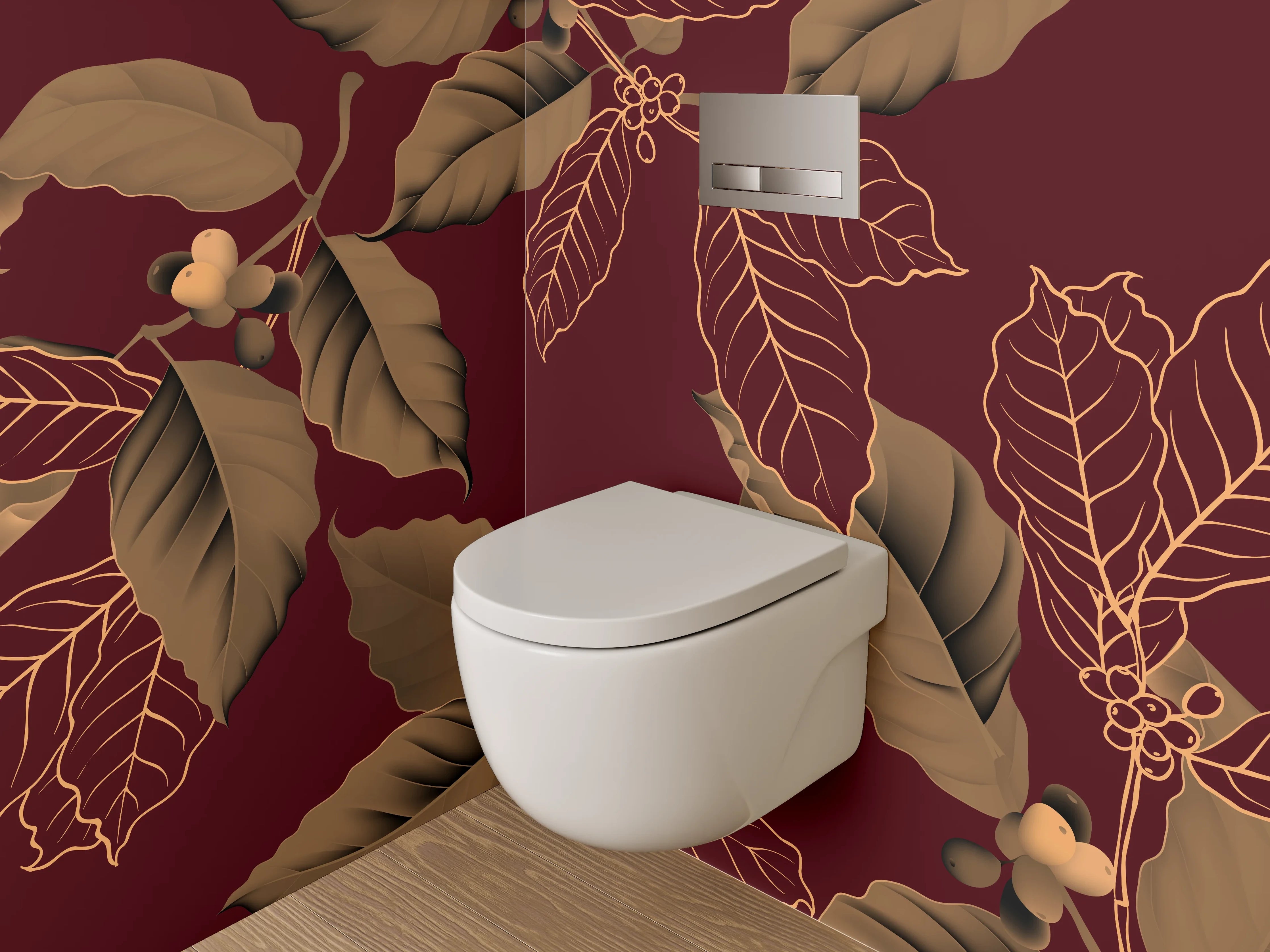 WC-Rückwand - Botanisches Line-Art-Blattmuster Braun Rot