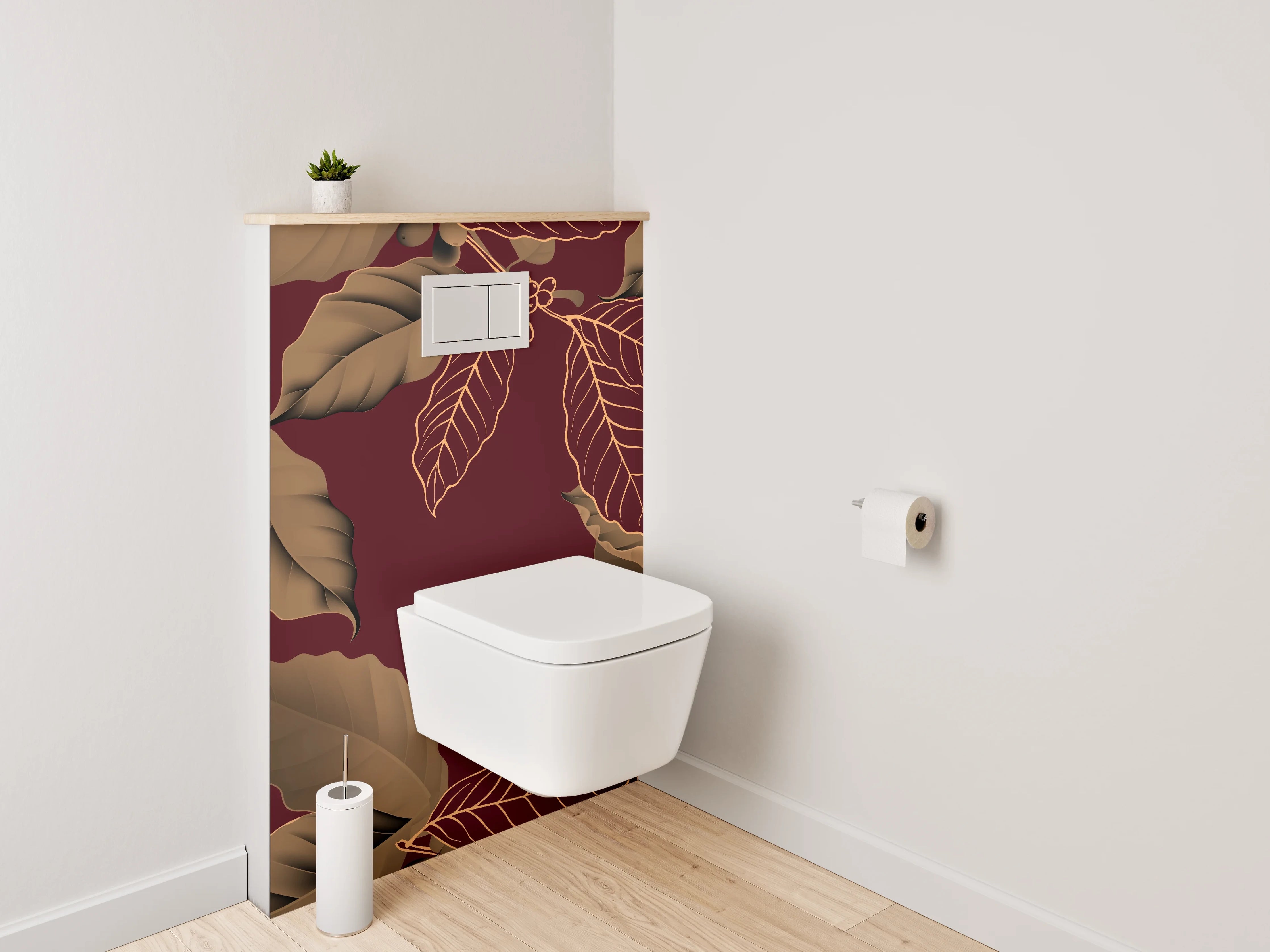 WC-Rückwand - Botanisches Line-Art-Blattmuster Braun Rot