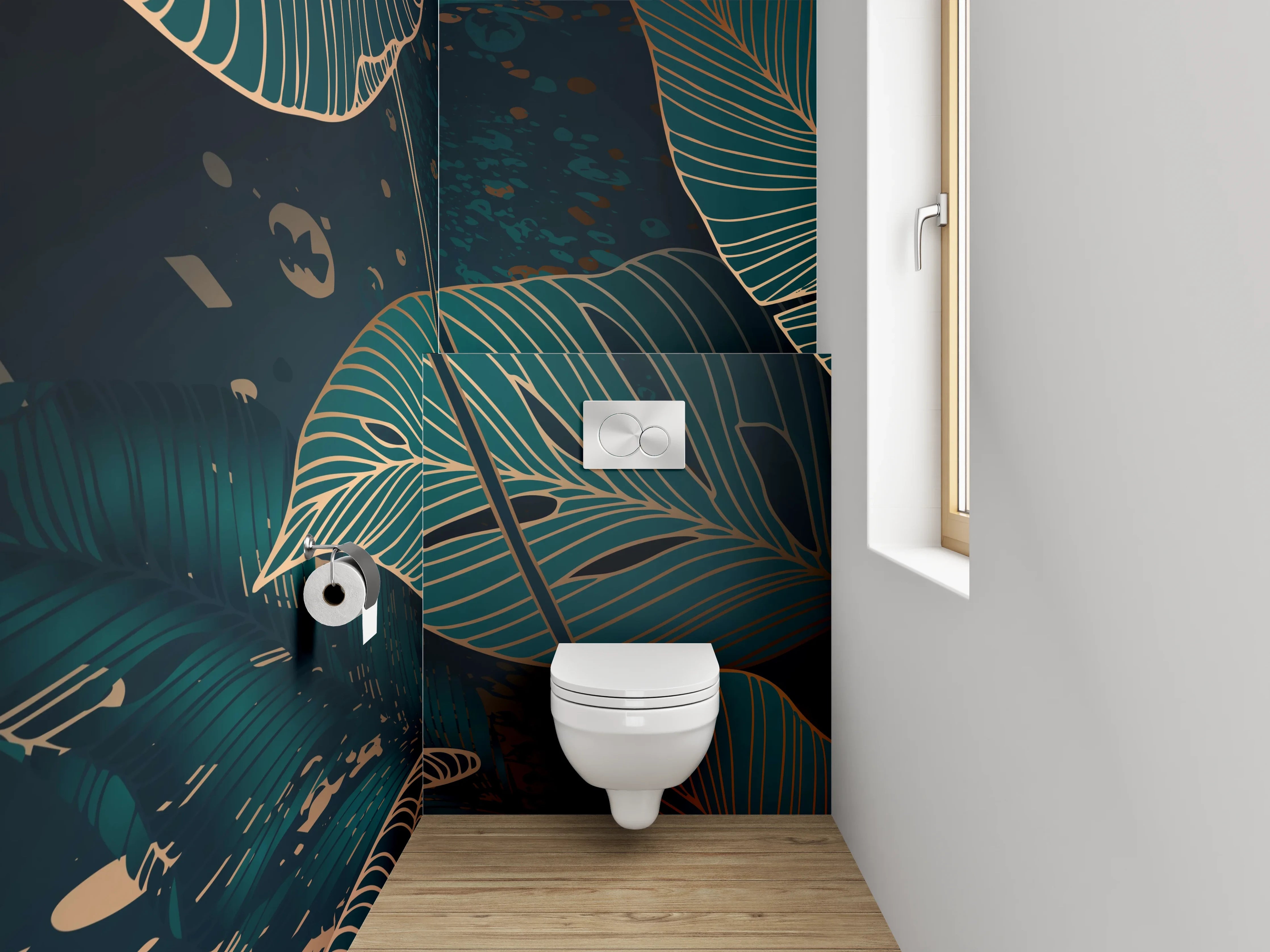 WC-Rückwand - Botanisches Lineart-Blättermuster Dunkelgrün