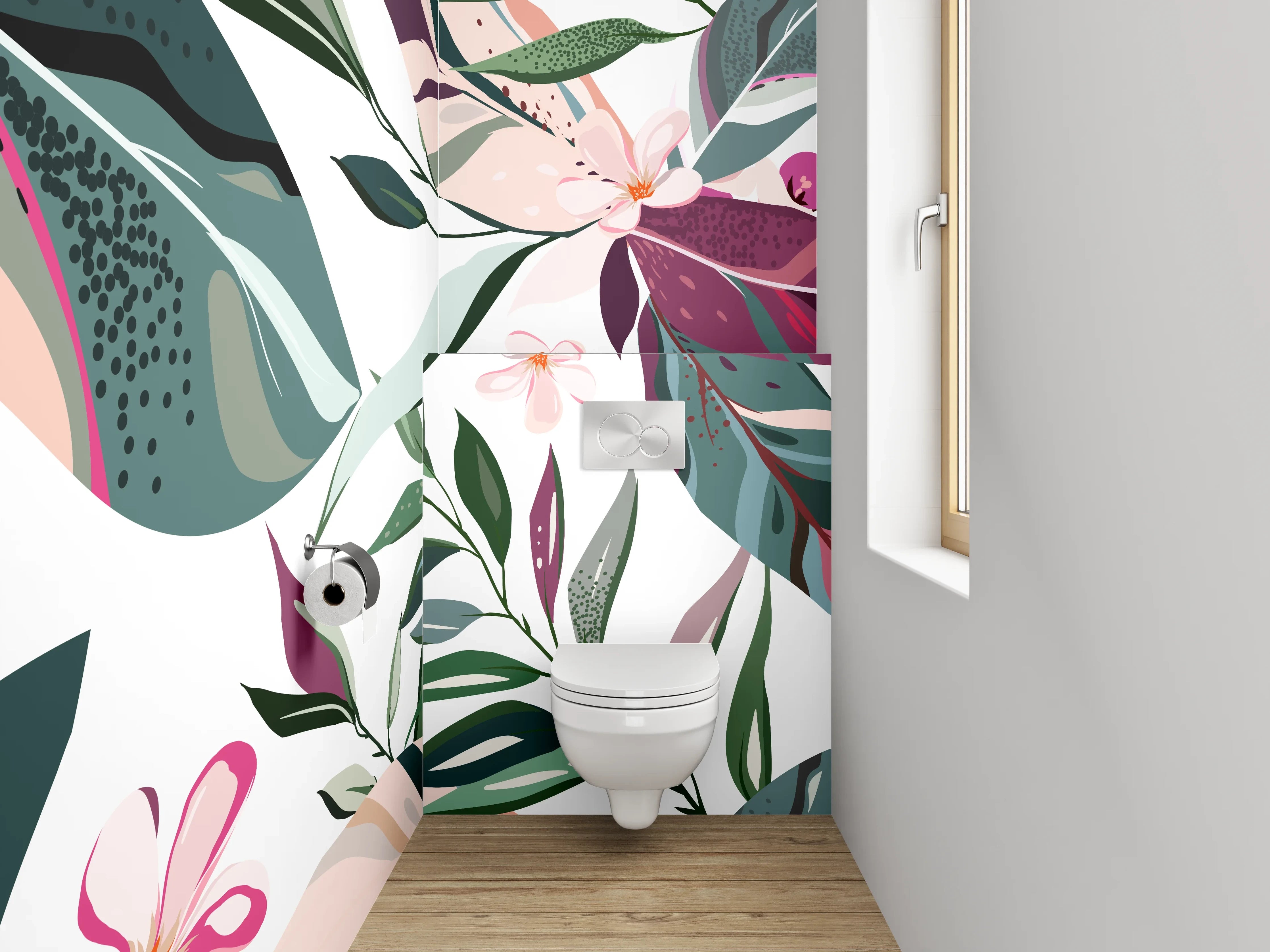 WC-Rückwand - Botanisches Muster in Rosa und Grün