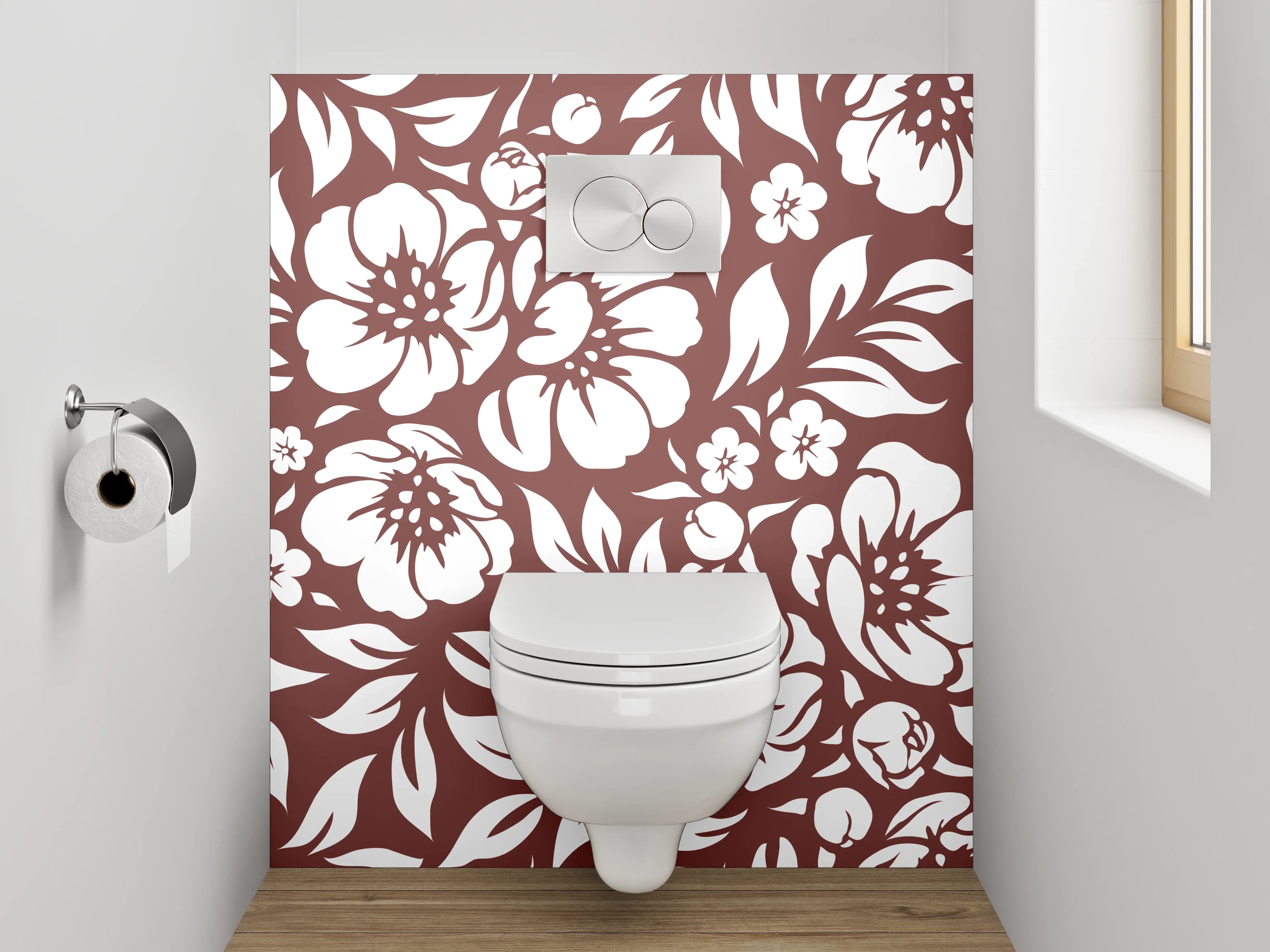 WC-Rückwand - Braun-Graue Blüten auf Weiß