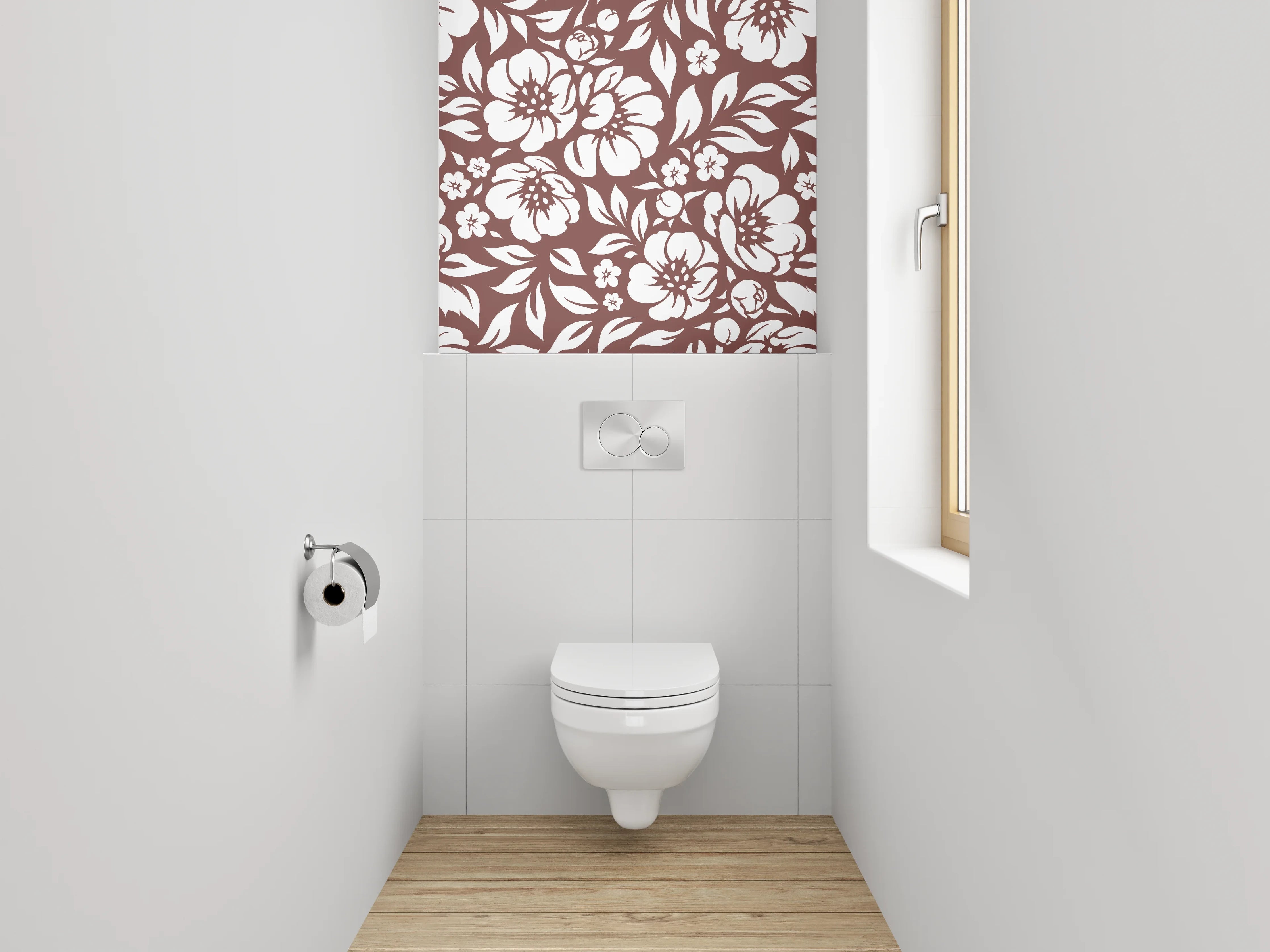 WC-Rückwand - Braun-Graue Blüten auf Weiß