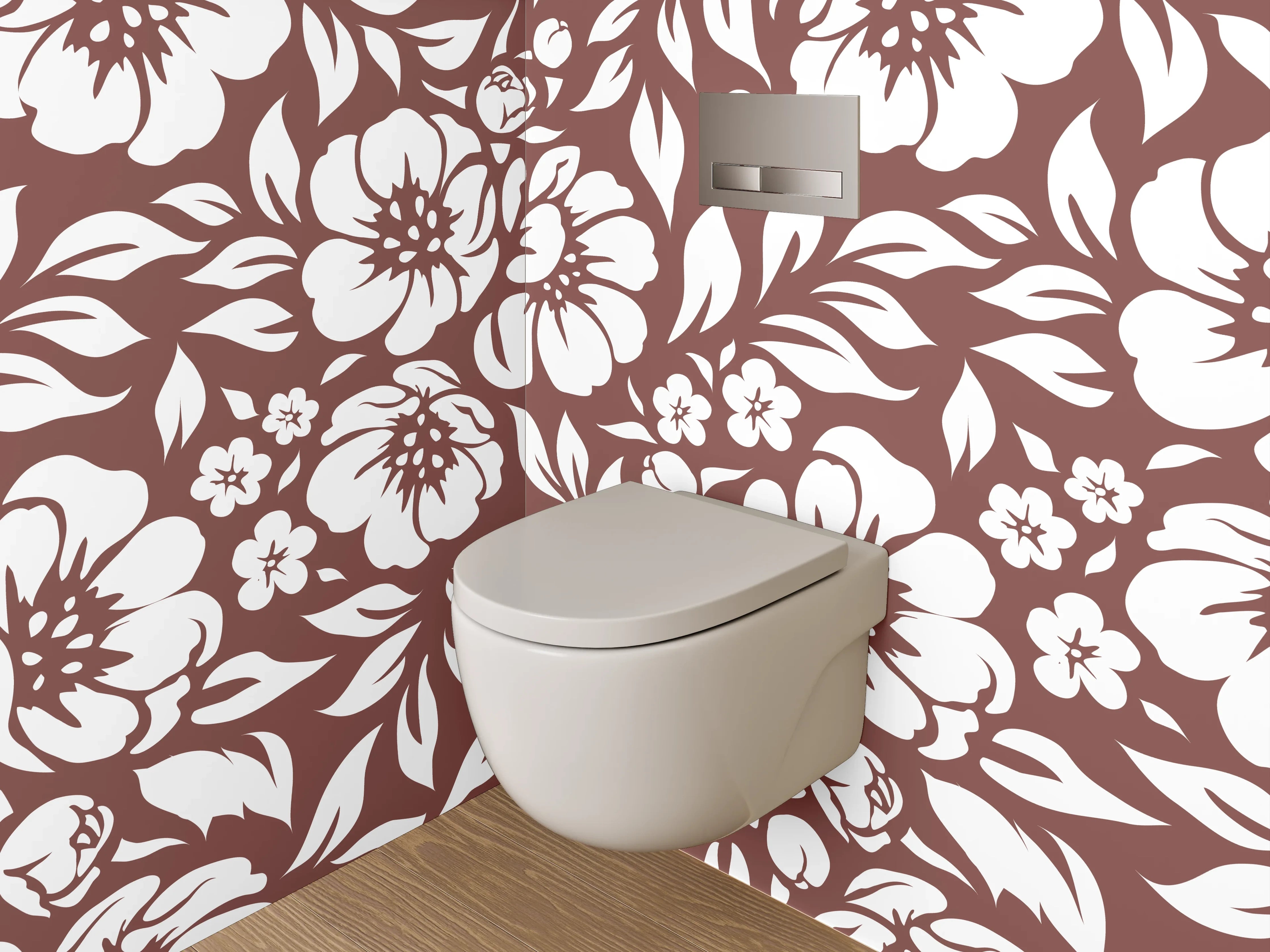 WC-Rückwand - Braun-Graue Blüten auf Weiß