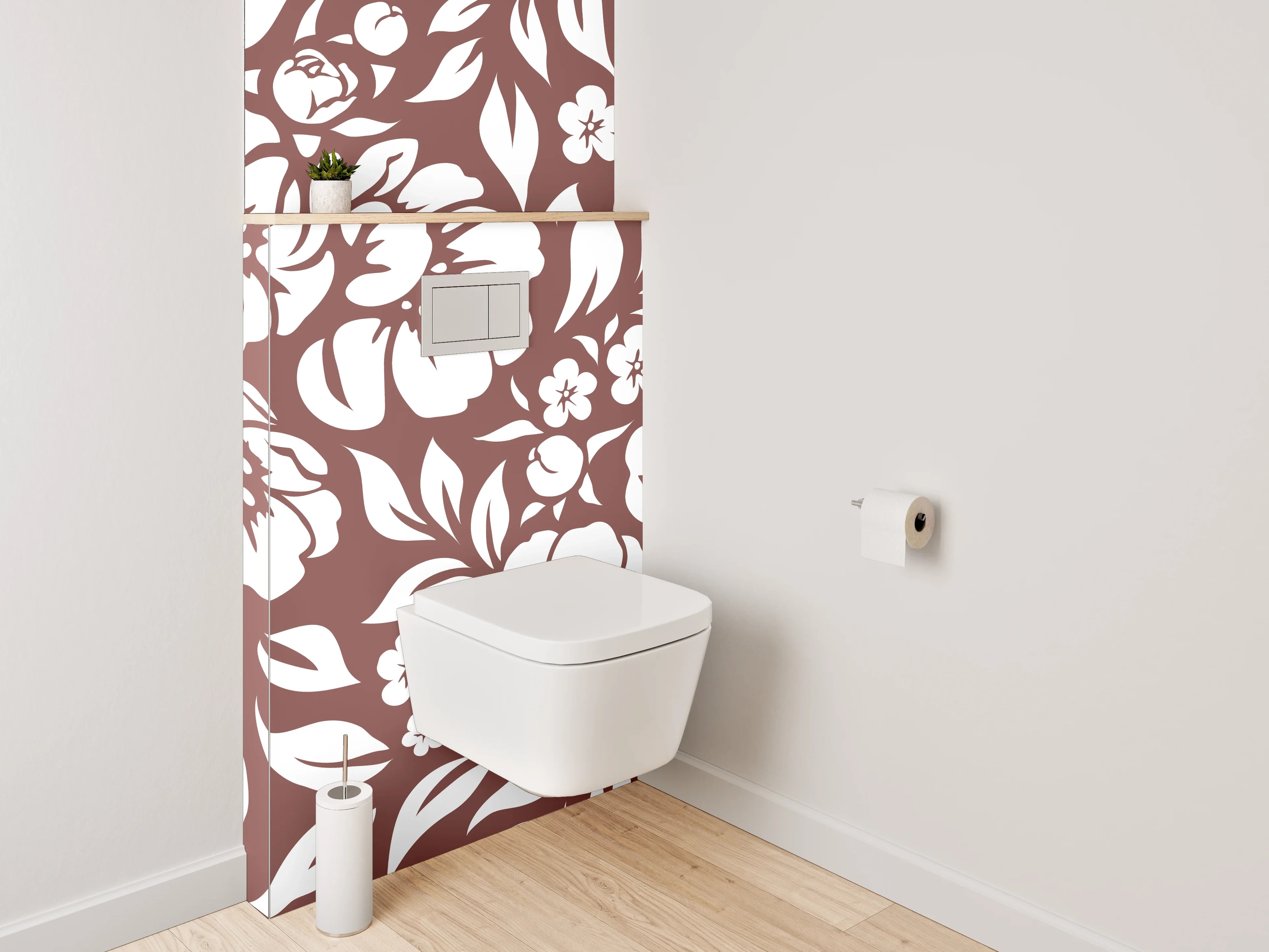 WC-Rückwand - Braun-Graue Blüten auf Weiß