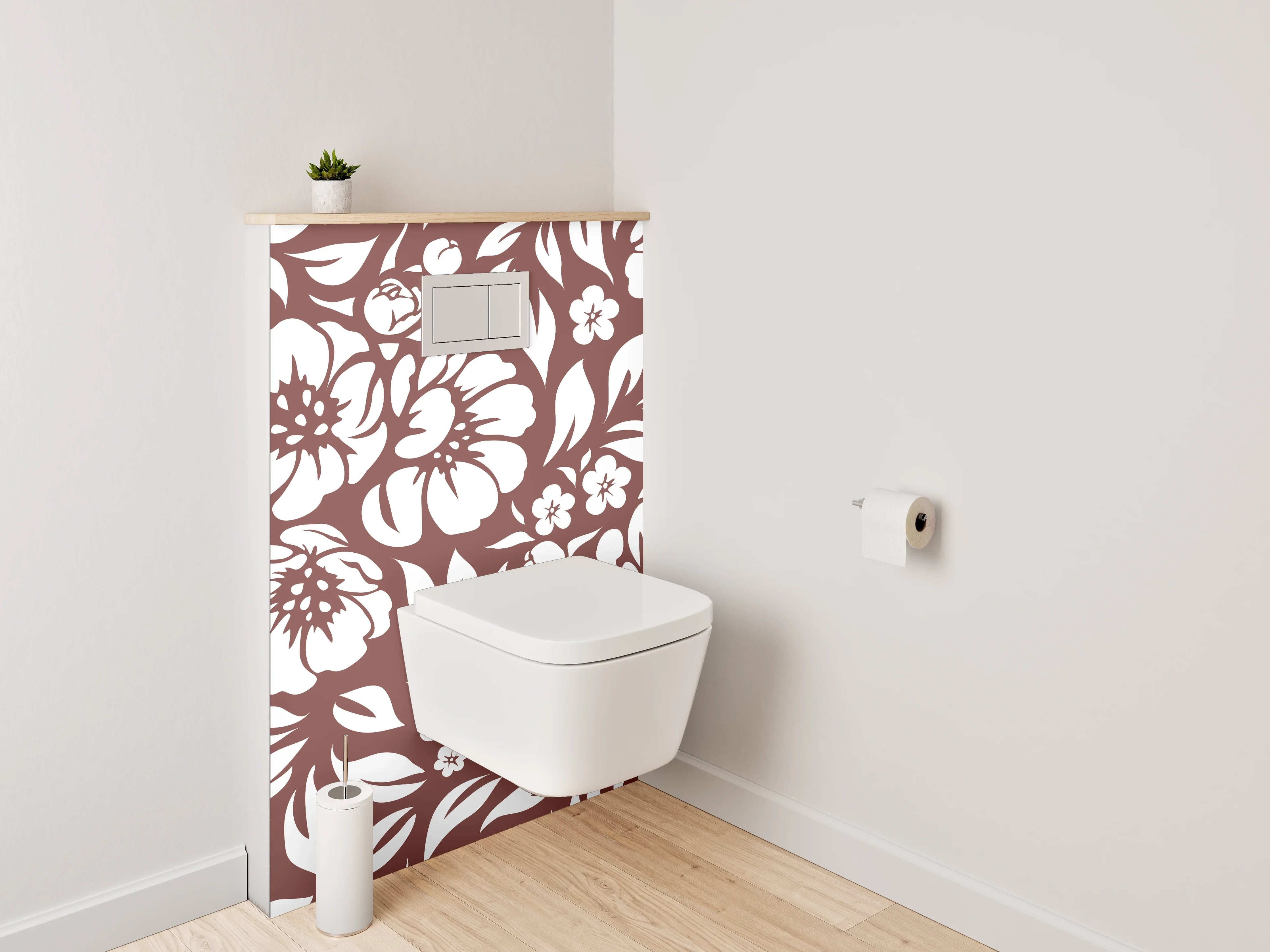WC-Rückwand - Braun-Graue Blüten auf Weiß