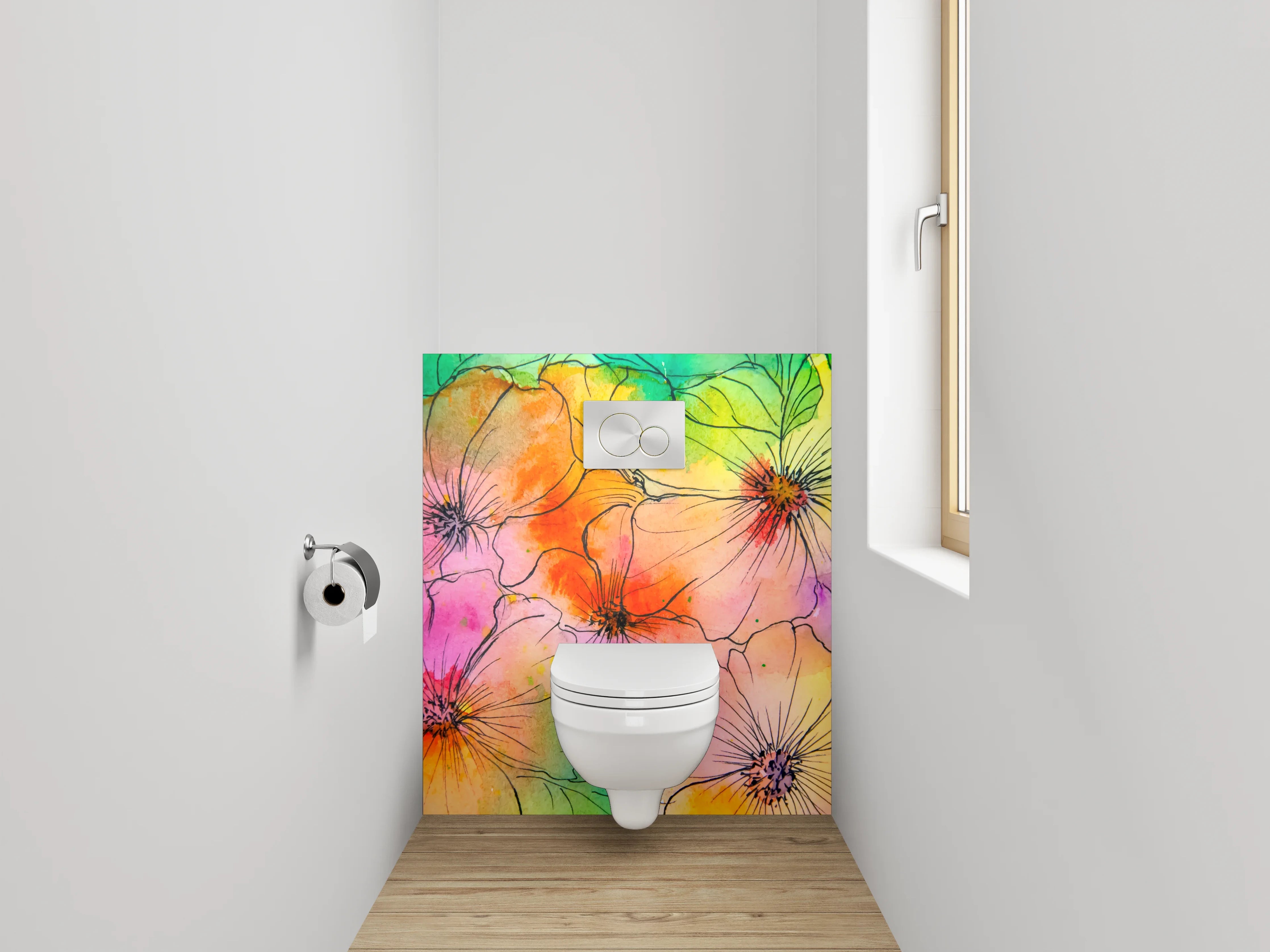 WC-Rückwand - Bunte Aquarell-Blumen Lineart