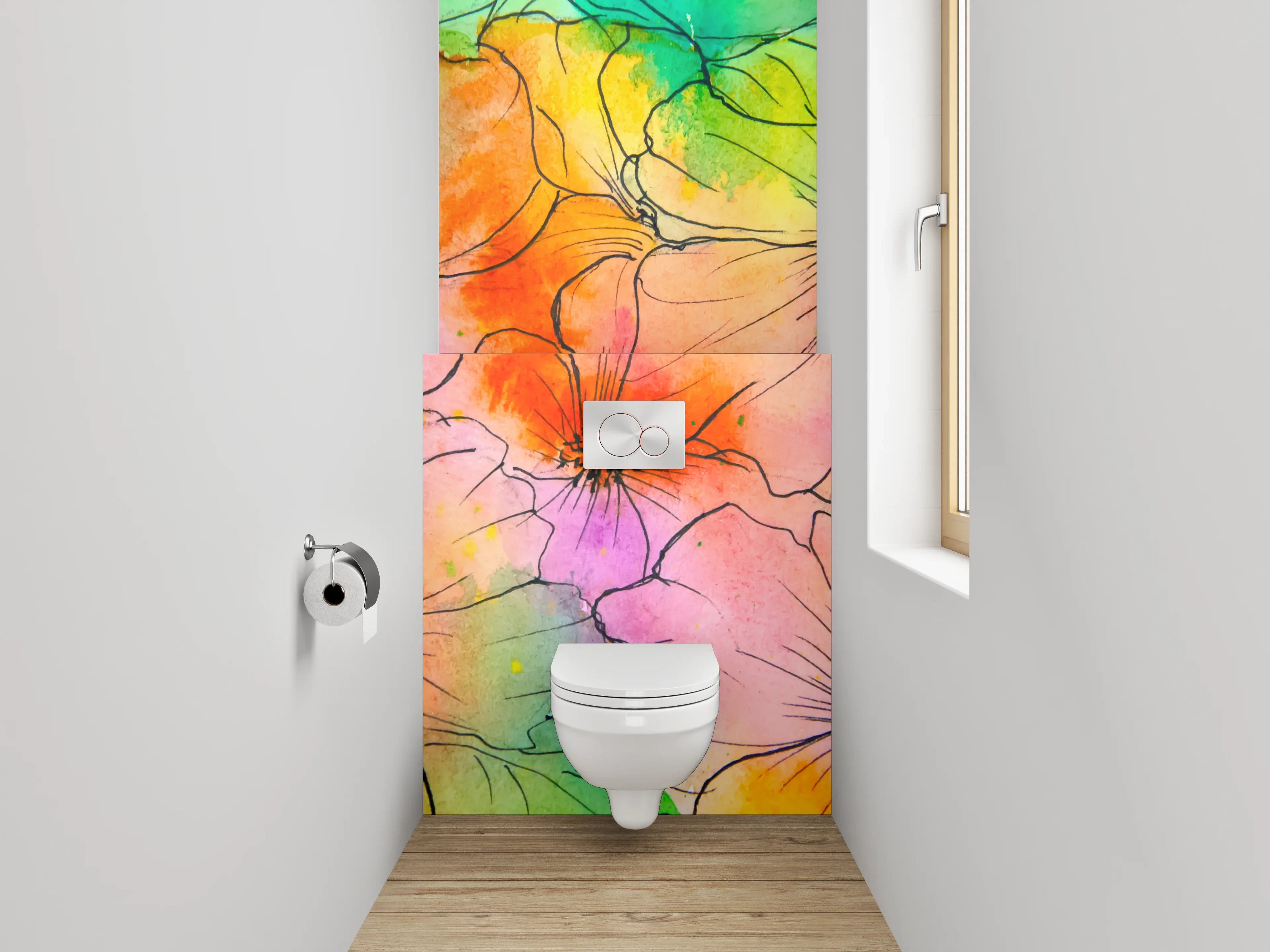 WC-Rückwand - Bunte Aquarell-Blumen Lineart