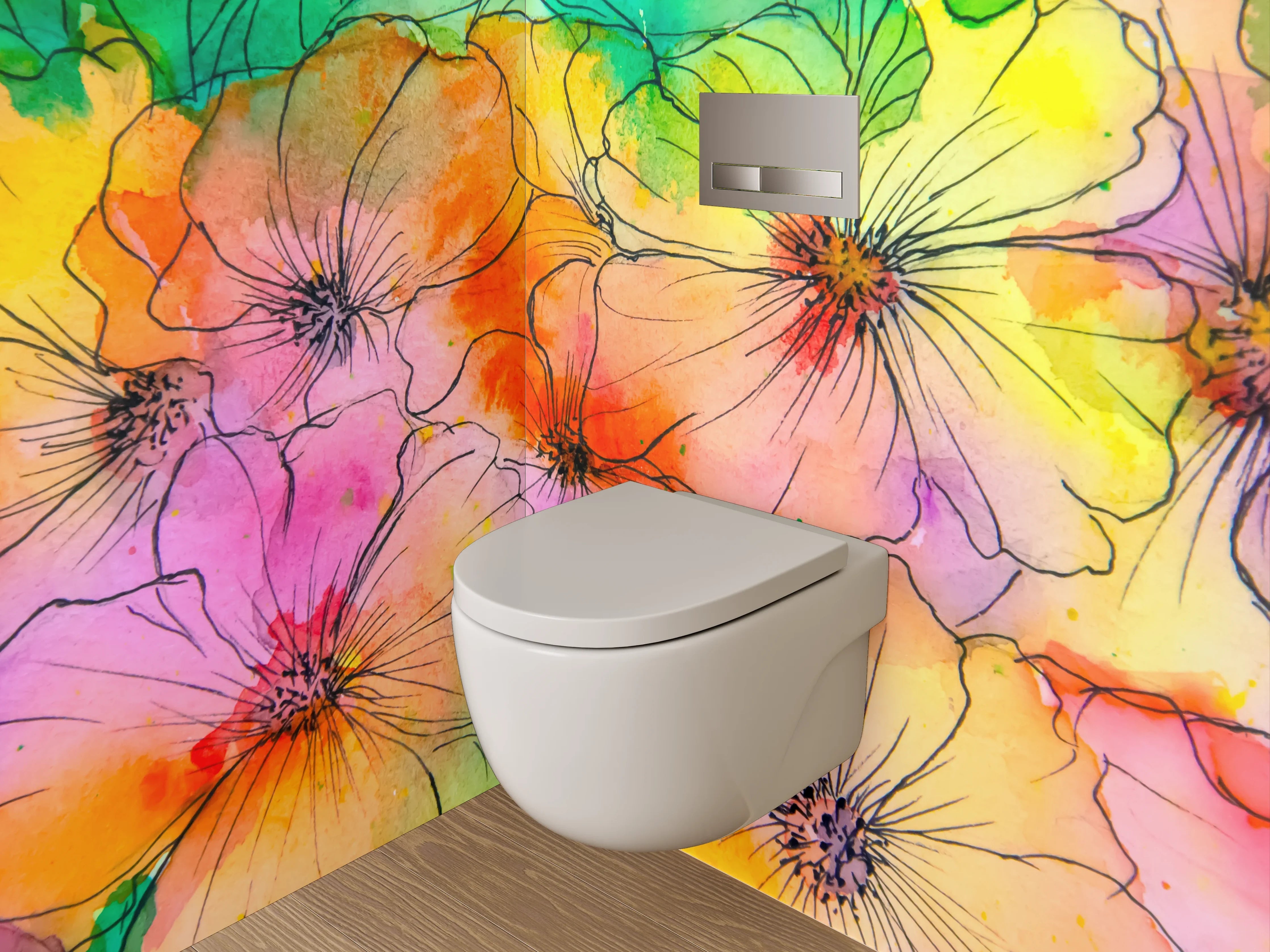 WC-Rückwand - Bunte Aquarell-Blumen Lineart