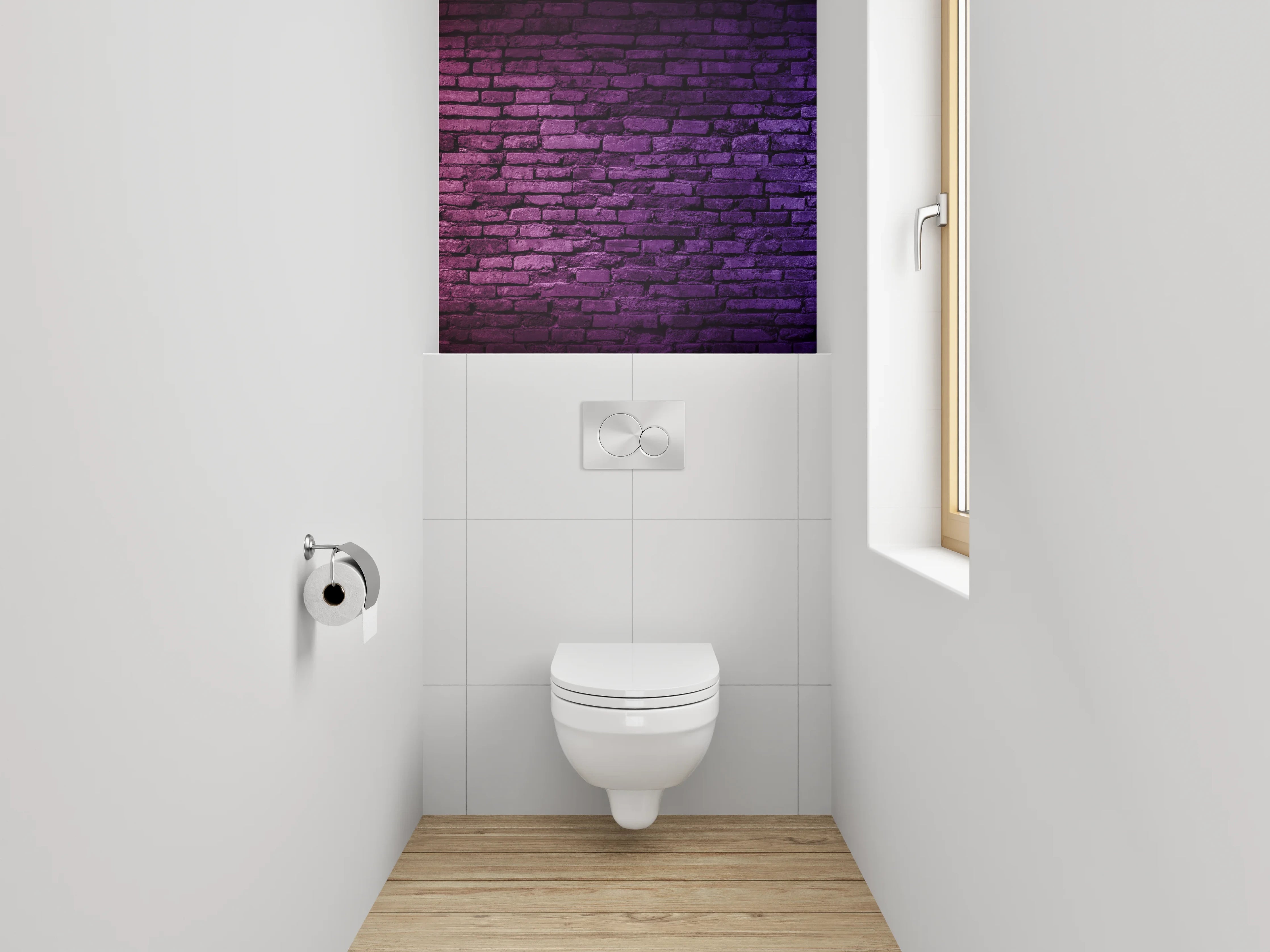 WC-Rückwand - Bunte Backsteinmauer in Neonlicht