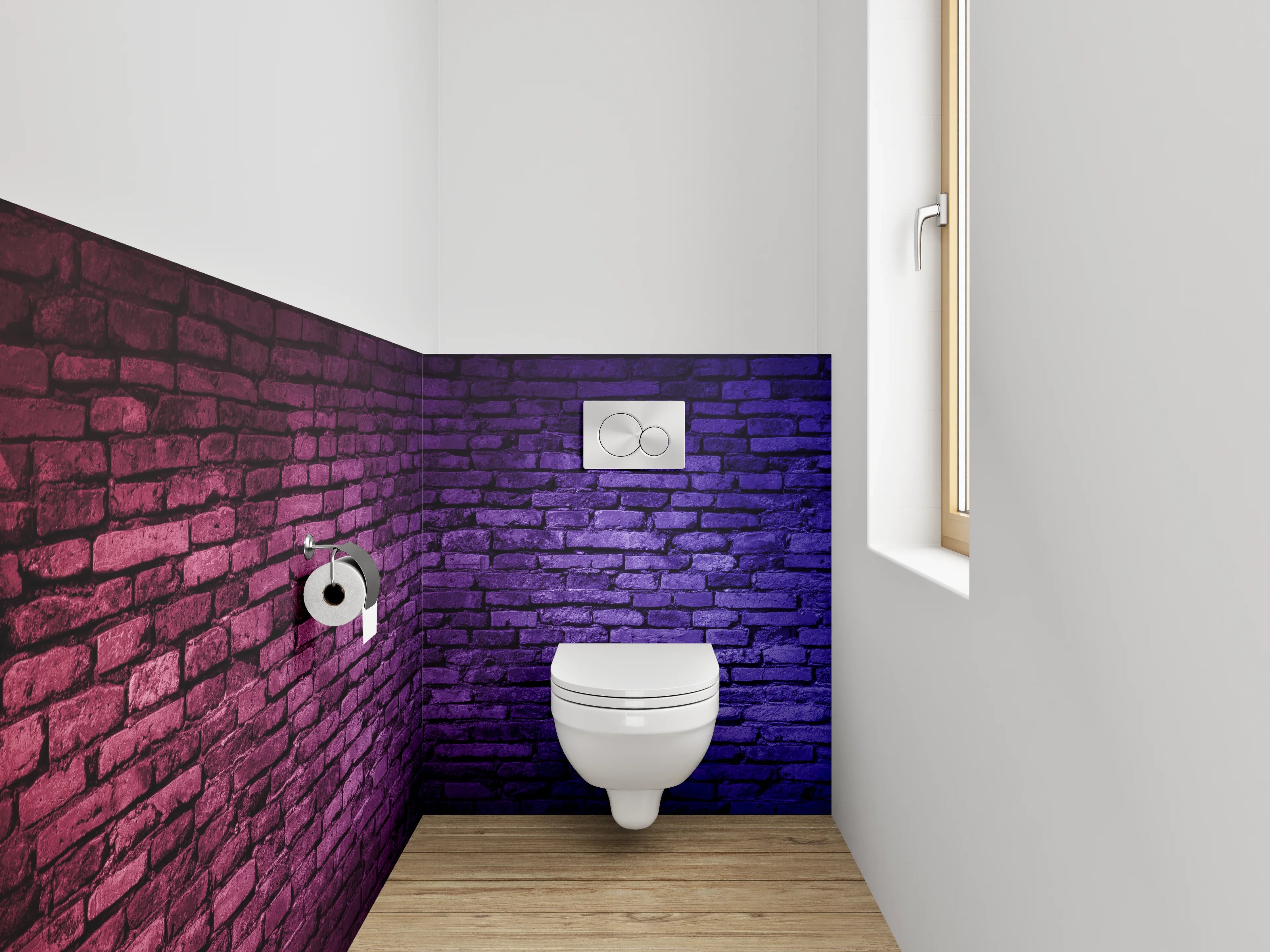 WC-Rückwand - Bunte Backsteinmauer in Neonlicht