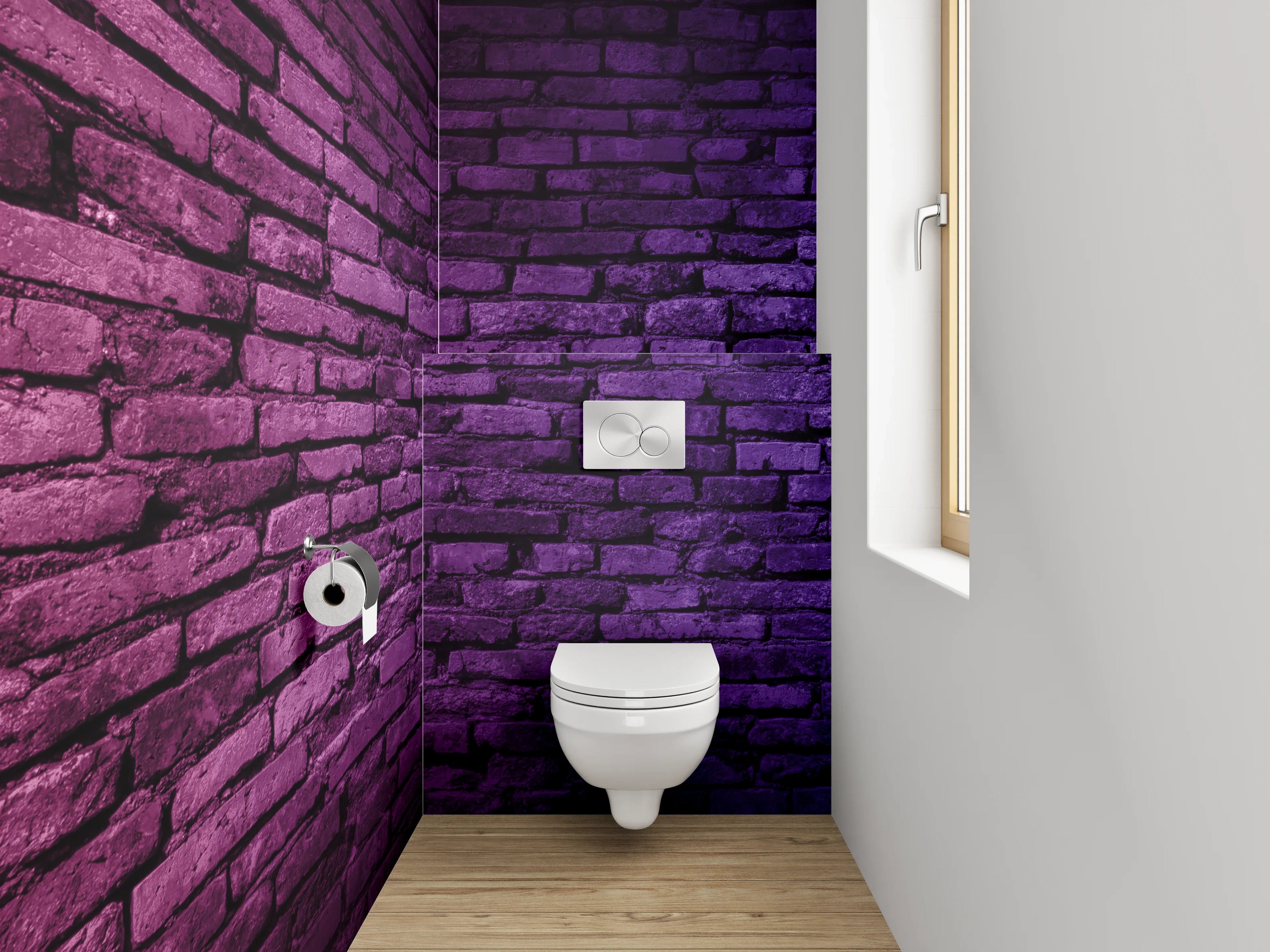 WC-Rückwand - Bunte Backsteinmauer in Neonlicht