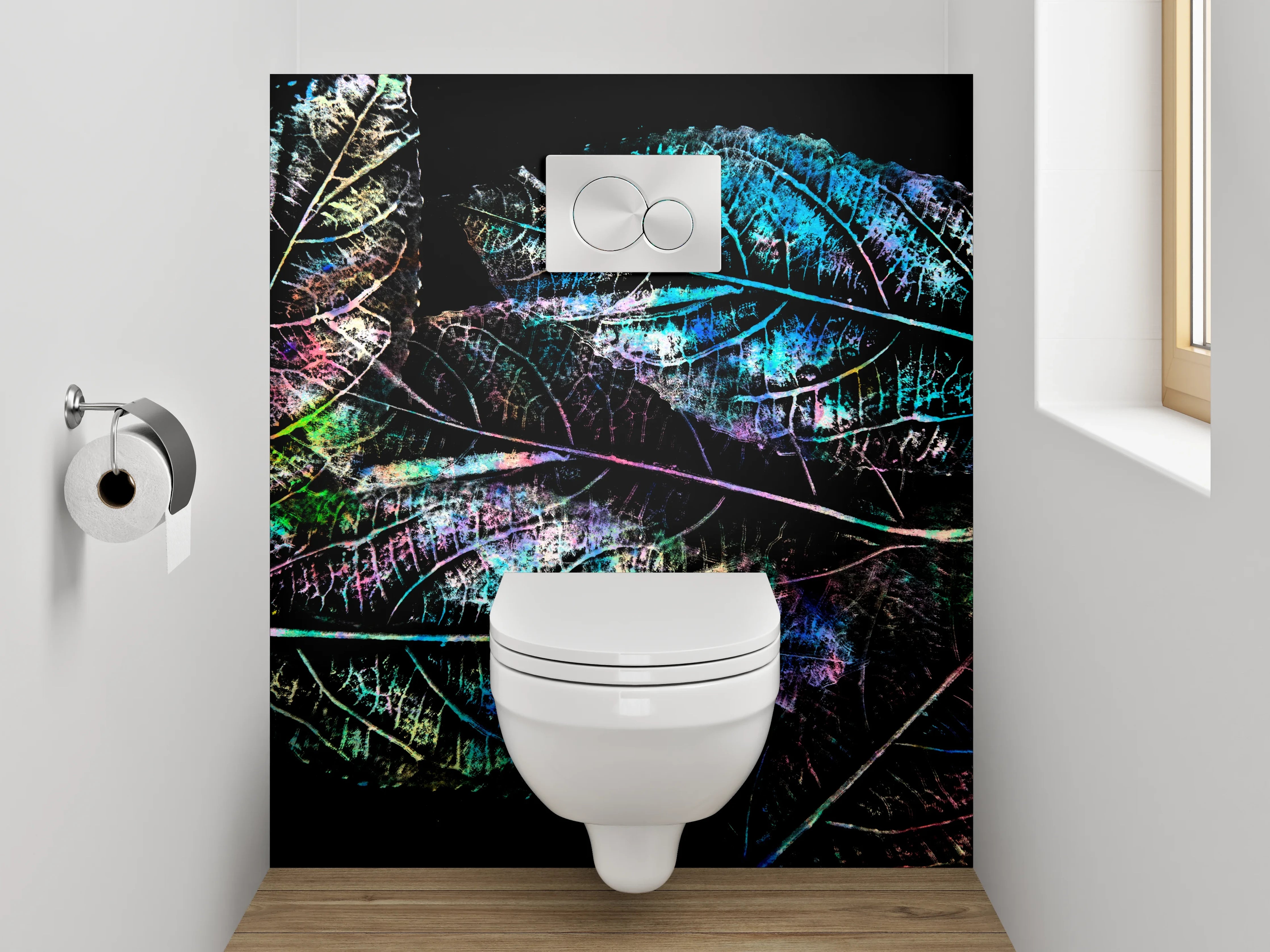 WC-Rückwand - Bunte Blätterkunst auf Schwarz