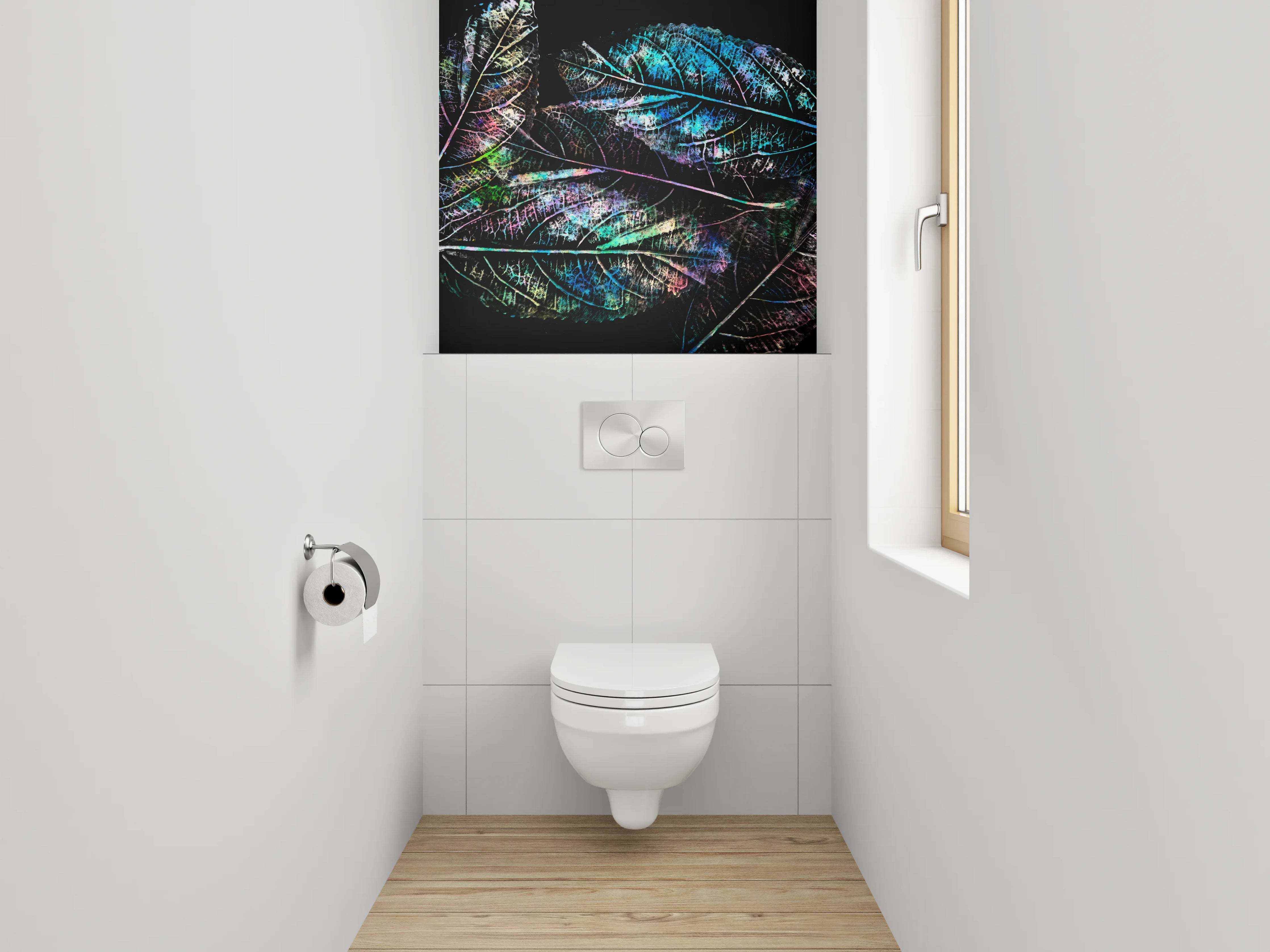 WC-Rückwand - Bunte Blätterkunst auf Schwarz