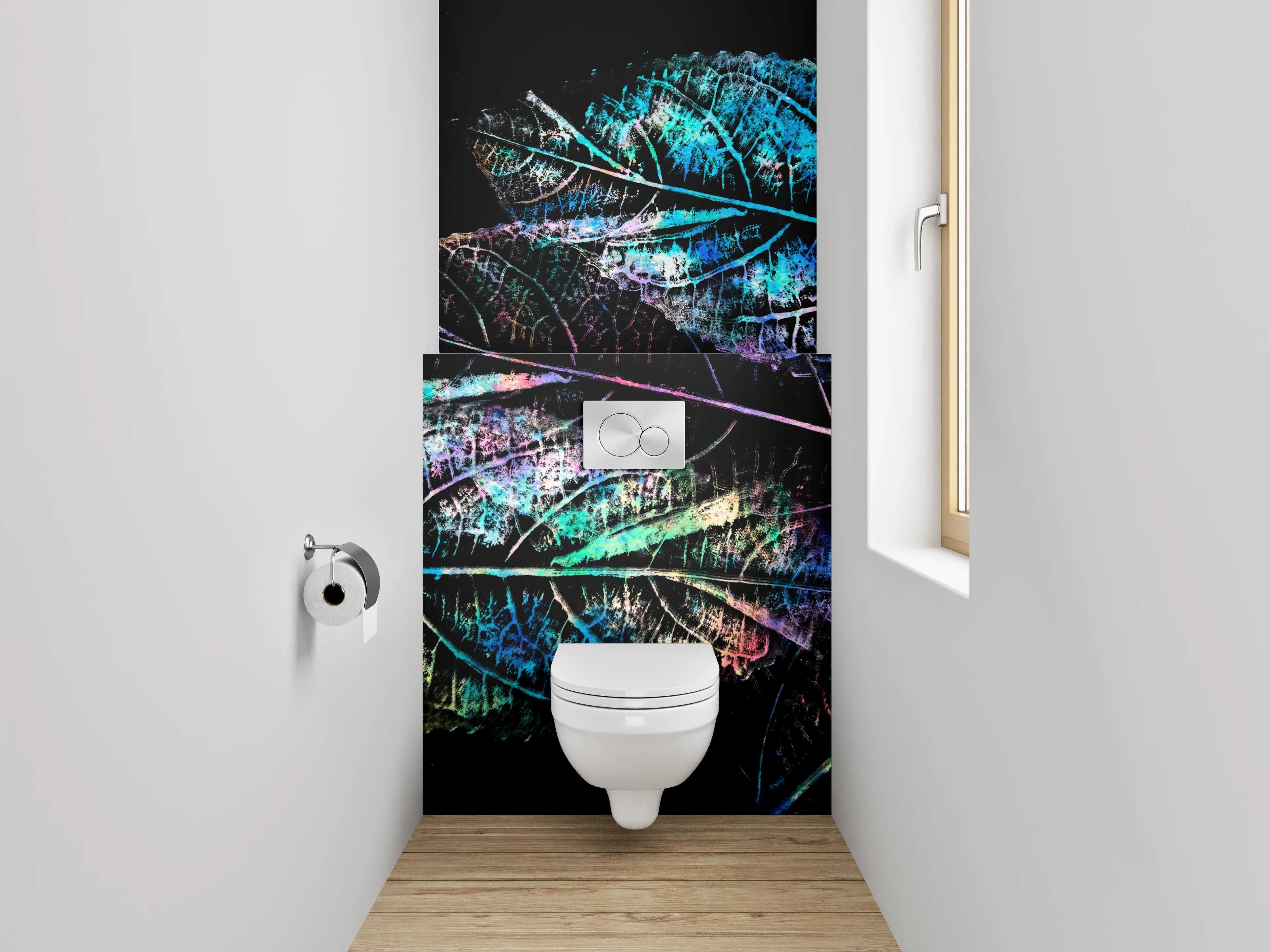 WC-Rückwand - Bunte Blätterkunst auf Schwarz