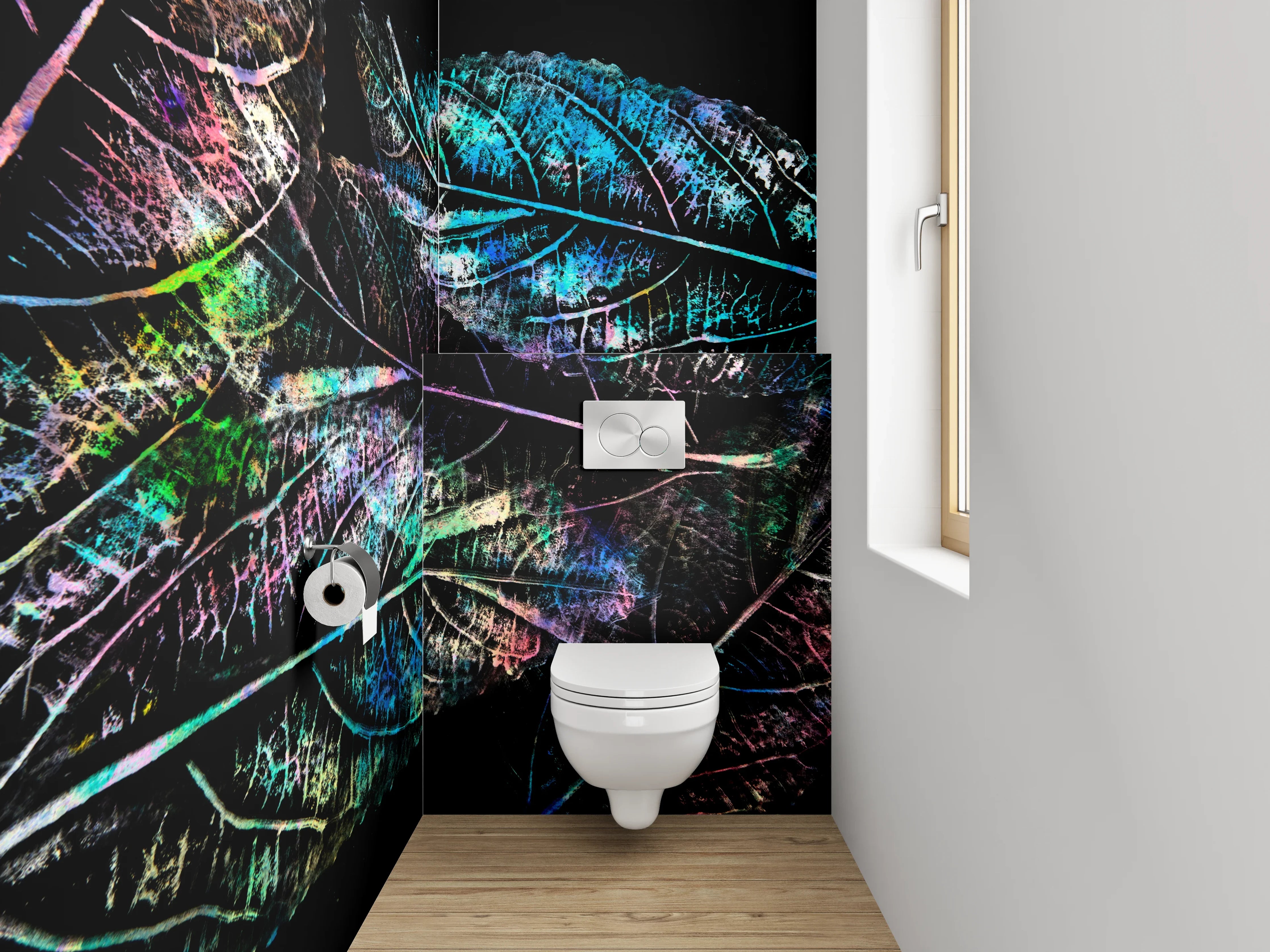 WC-Rückwand - Bunte Blätterkunst auf Schwarz