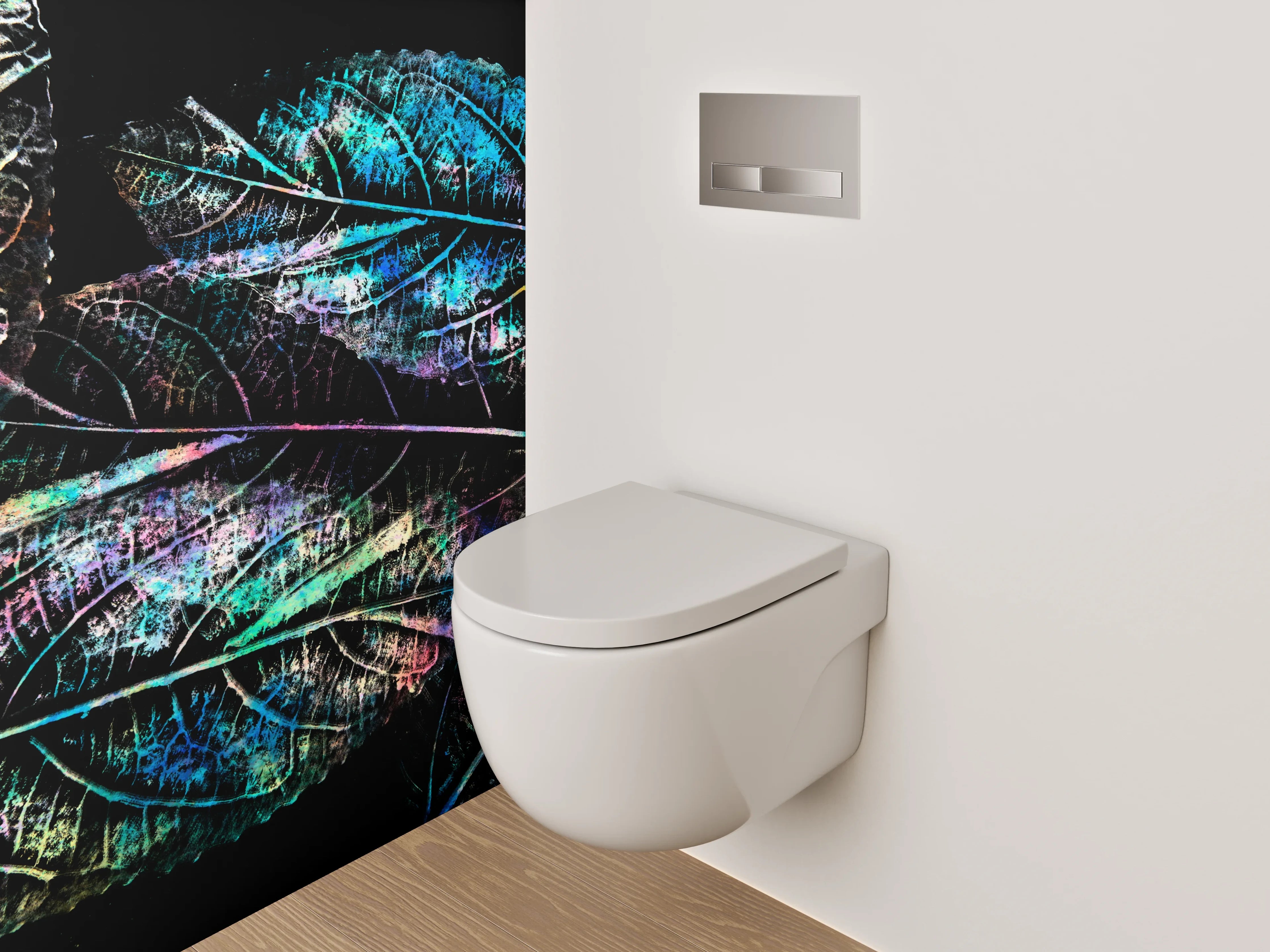 WC-Rückwand - Bunte Blätterkunst auf Schwarz