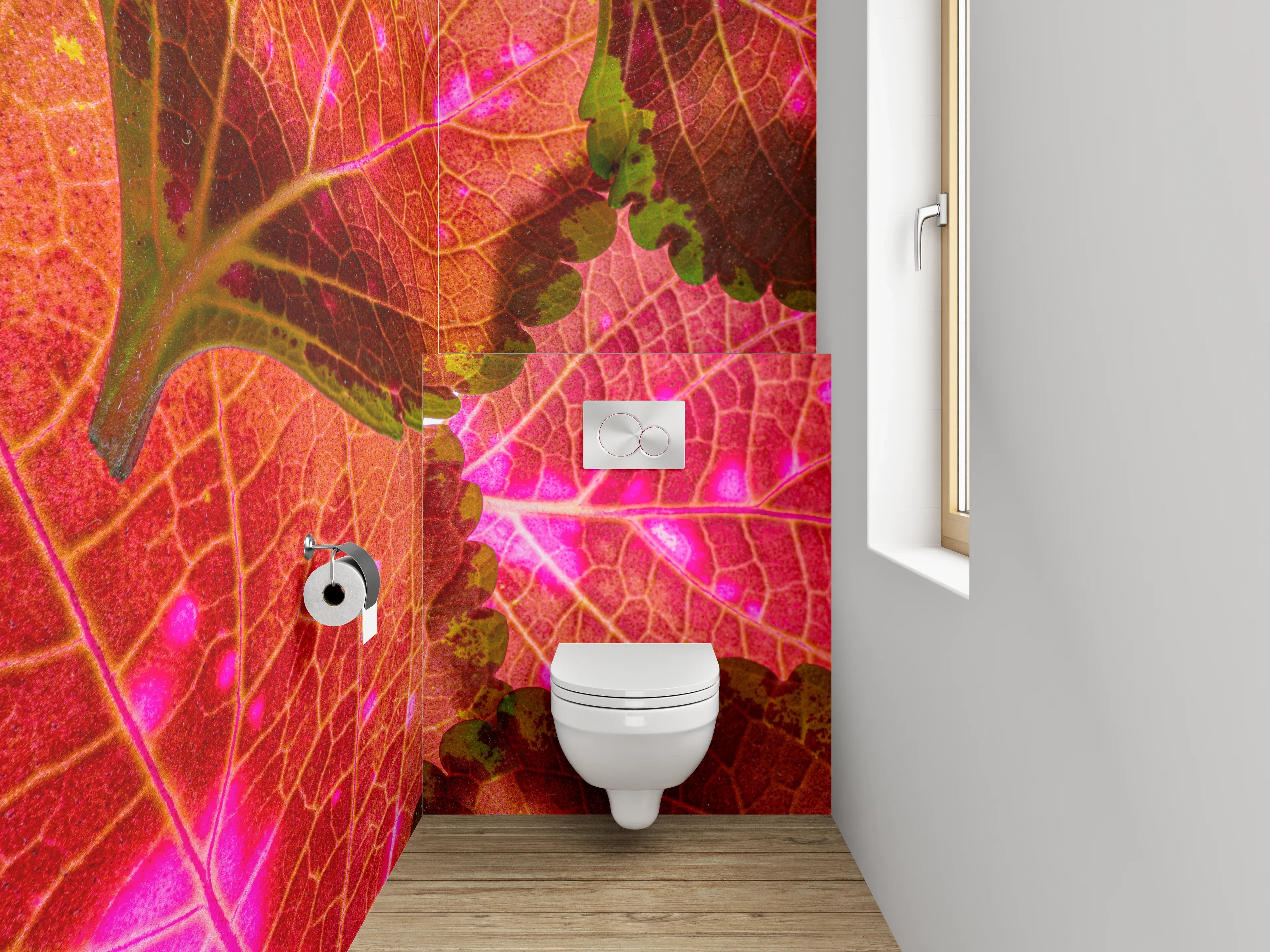 WC-Rückwand - Bunte Blätterstruktur auf Pink