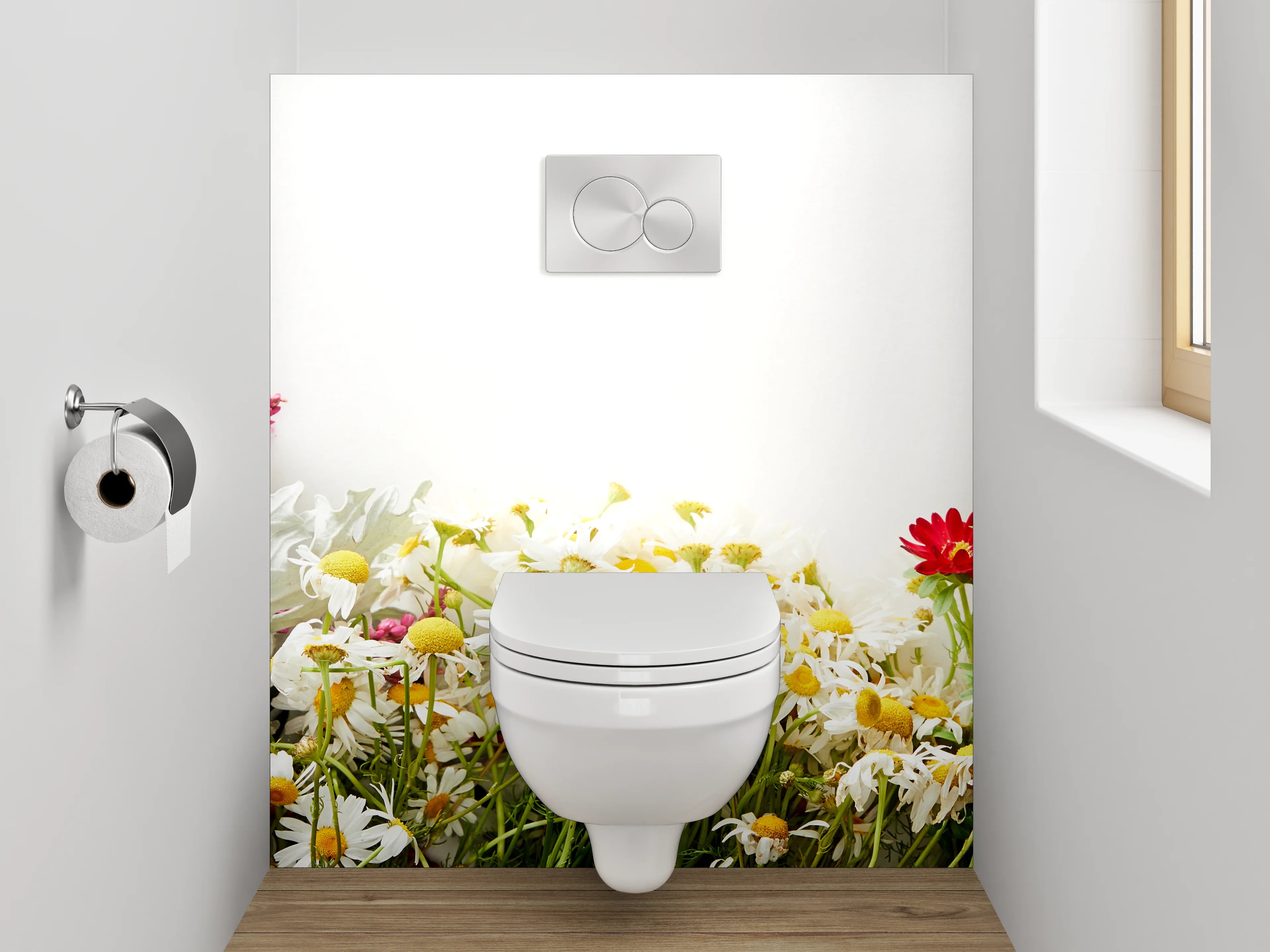 WC-Rückwand - Bunte Blumen-Wiese auf Weiß