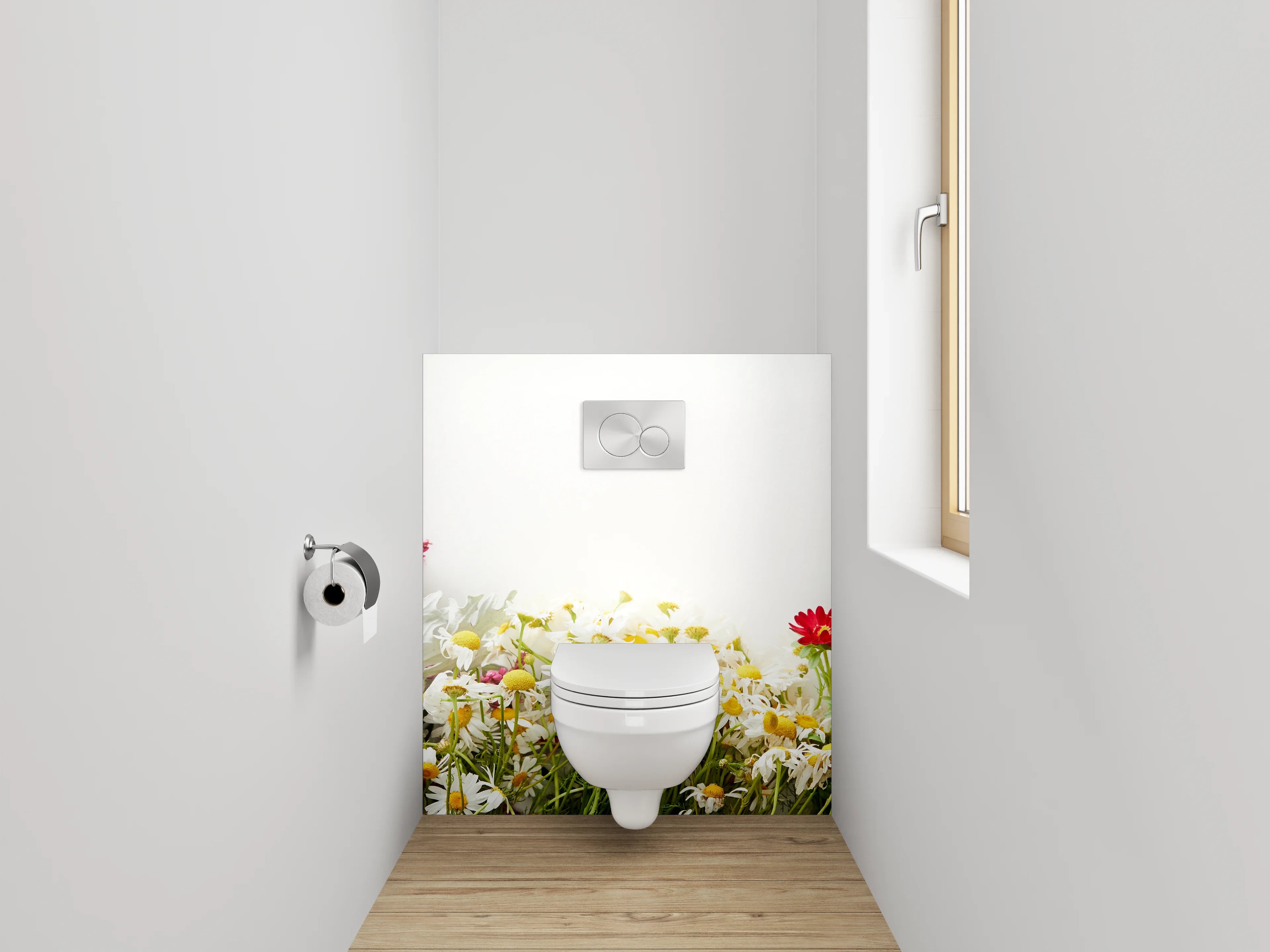 WC-Rückwand - Bunte Blumen-Wiese auf Weiß