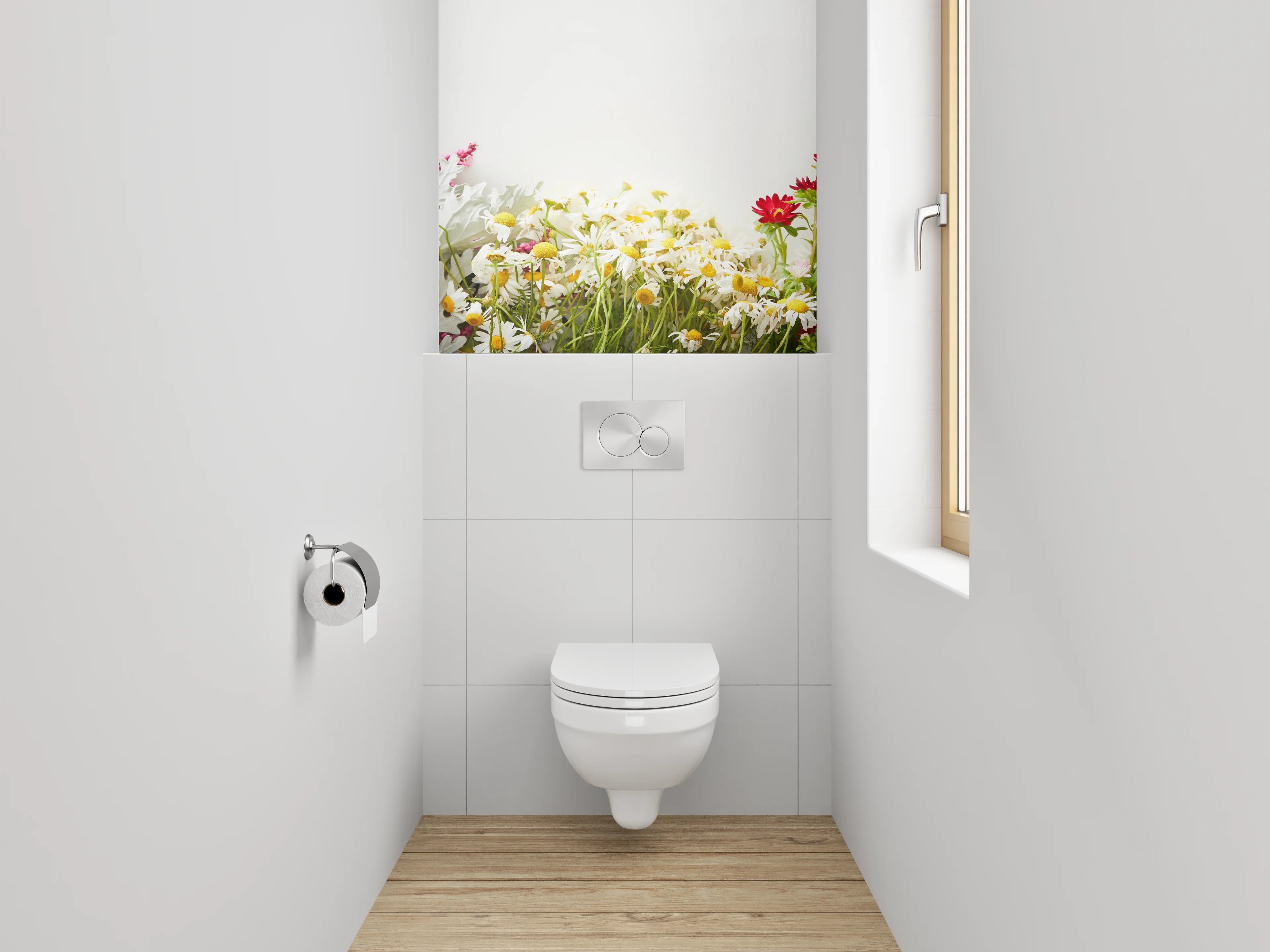 WC-Rückwand - Bunte Blumen-Wiese auf Weiß